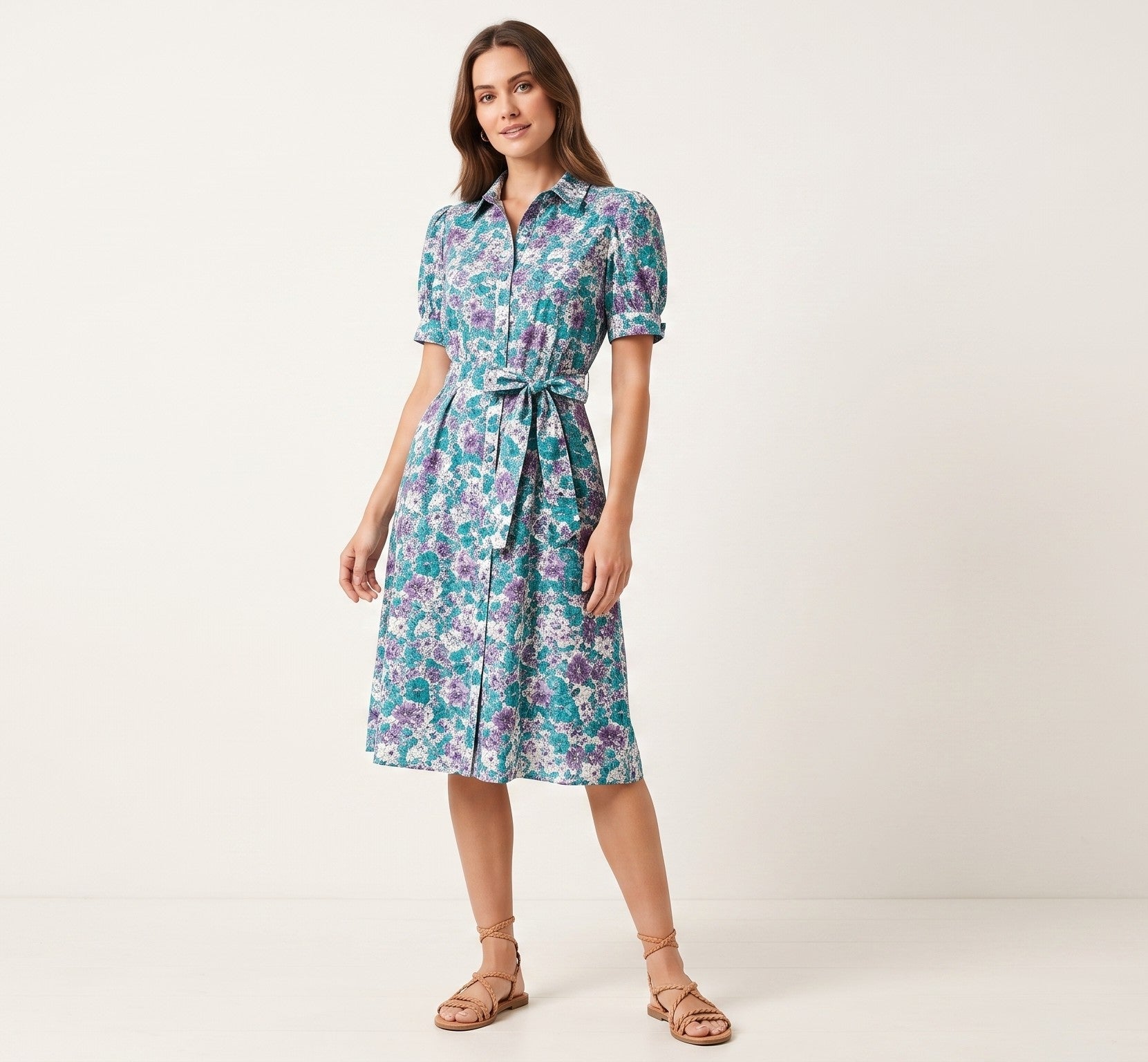 Olino A/S Danmark Women 38 M Long Dress Green Floral Print Short Sleeve Vintage Retro