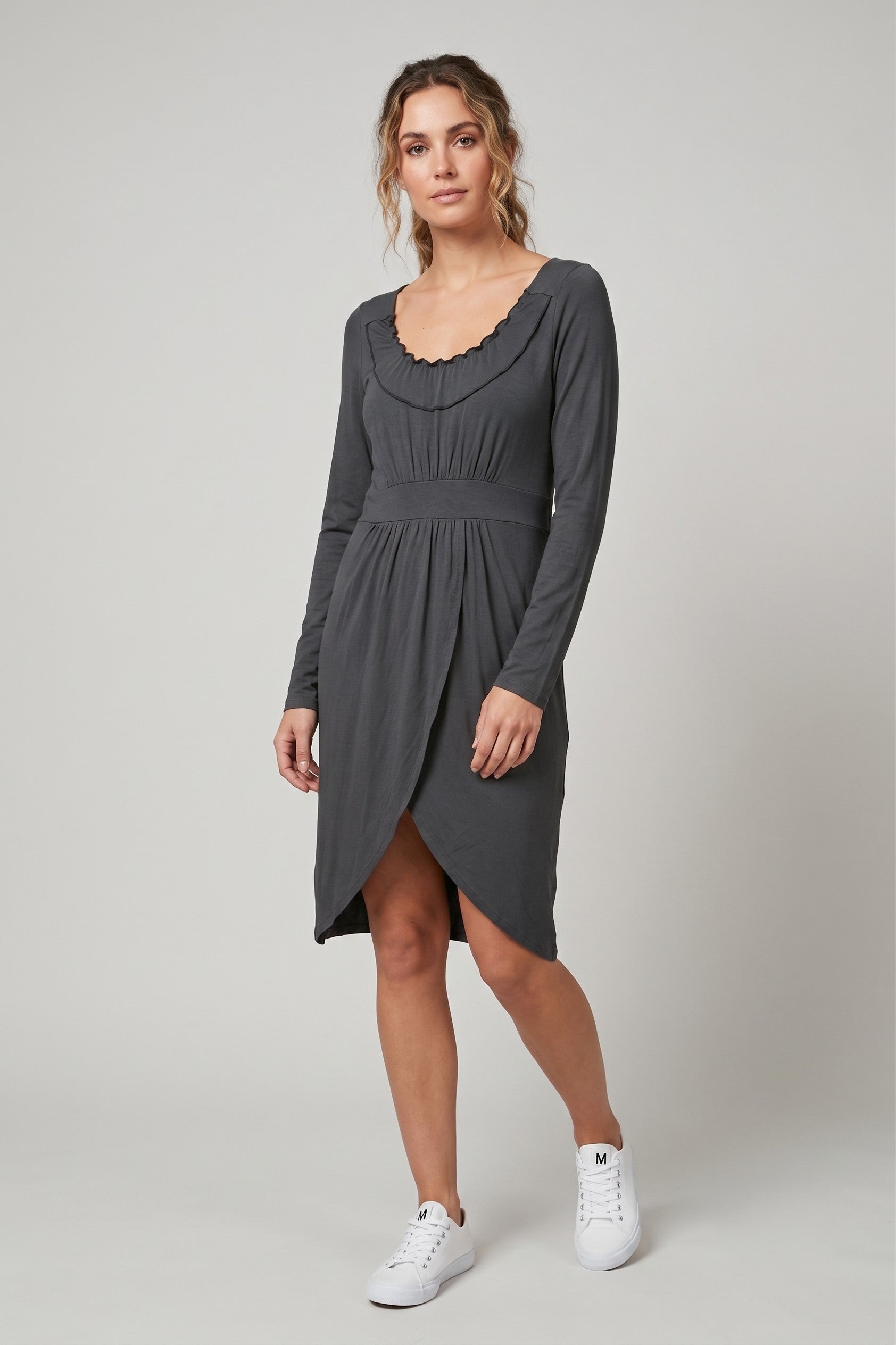 Noa Noa Women M Mini Dress Grey Crew Neck Long Sleeve Summer