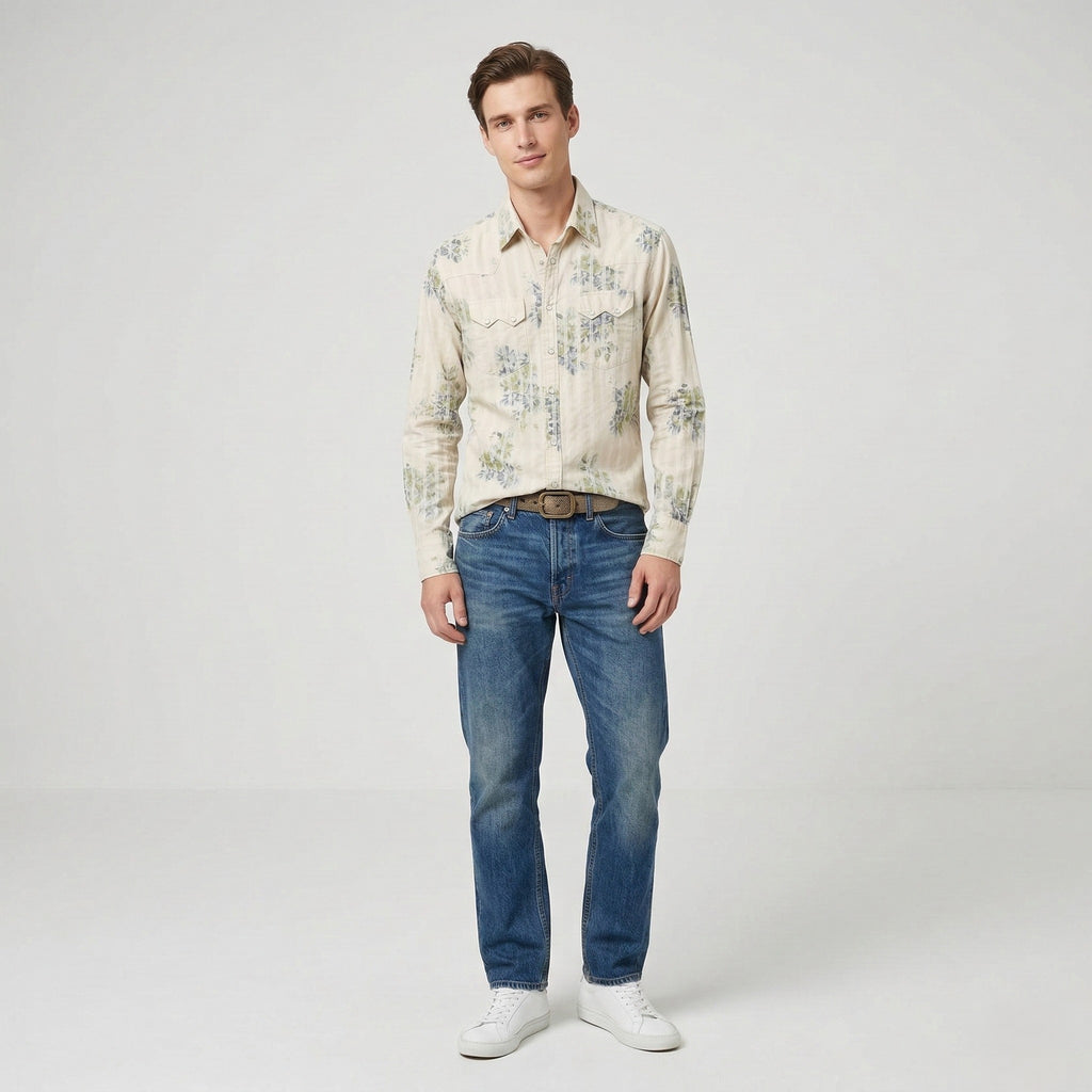 Guess Men S Casual Shirt Beige Floral Cotton Striped Vintage Long Sleeve Top