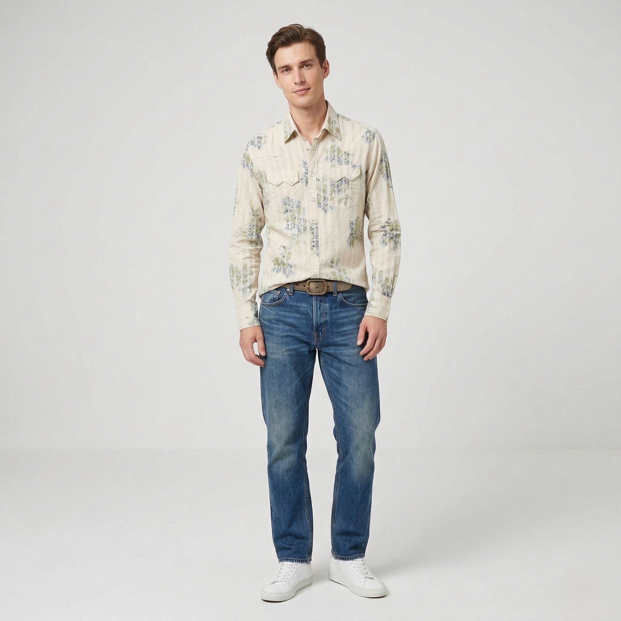 Guess Men S Casual Shirt Beige Floral Cotton Striped Vintage Long Sleeve Top
