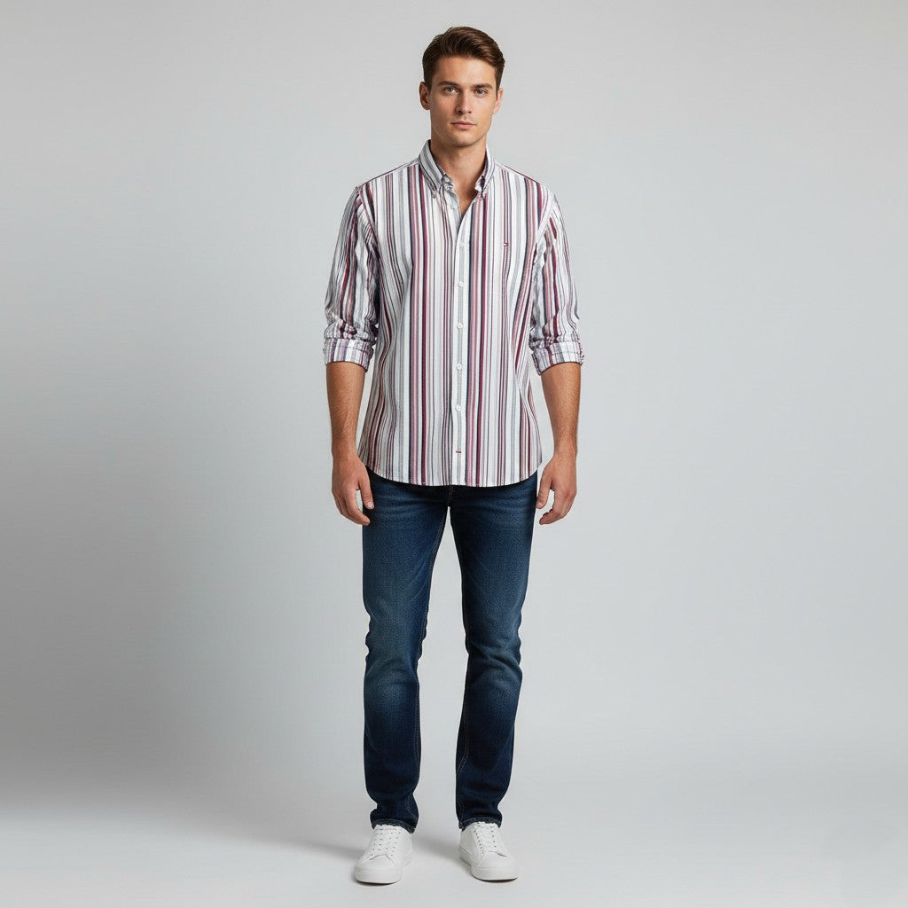 Tommy Hilfiger  Men L Casual Shirt Striped Two Ply Cotton Long Sleeve Top