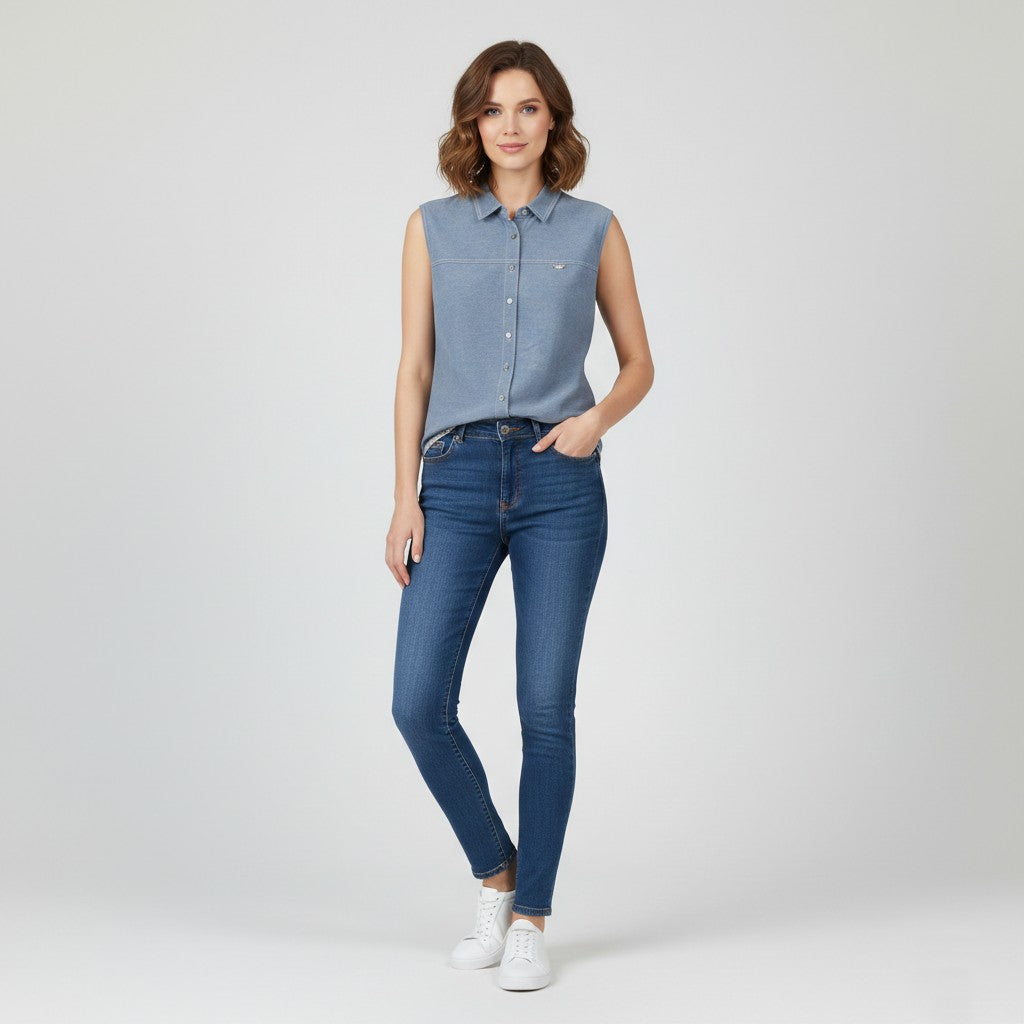 Burberry London Women 44 S Shirt Sleeveless Blue Cotton Top Vest