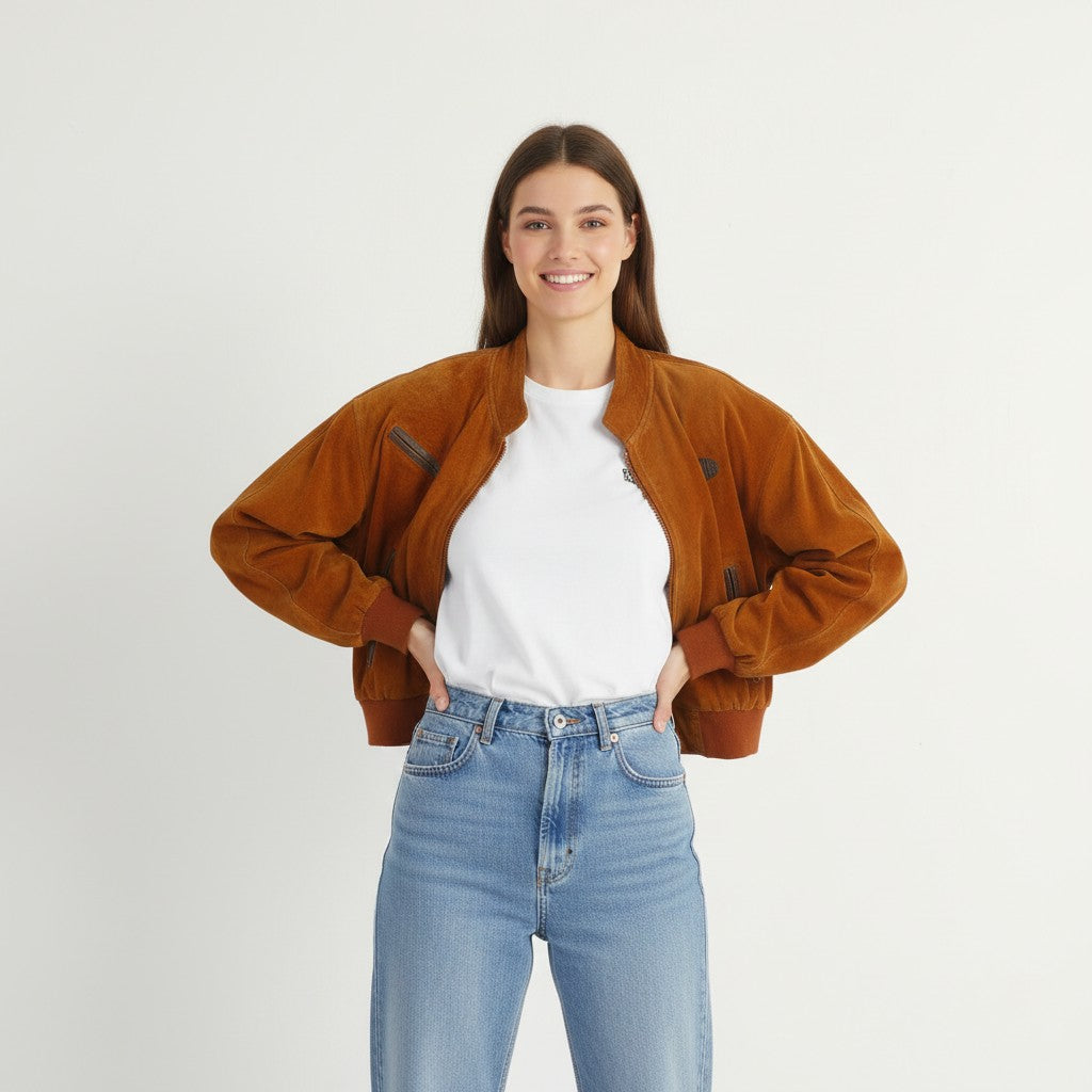 GATTO Women 36 S Jacket Brick Leather Vintage Shoulder Pads Biker Zip Up Top