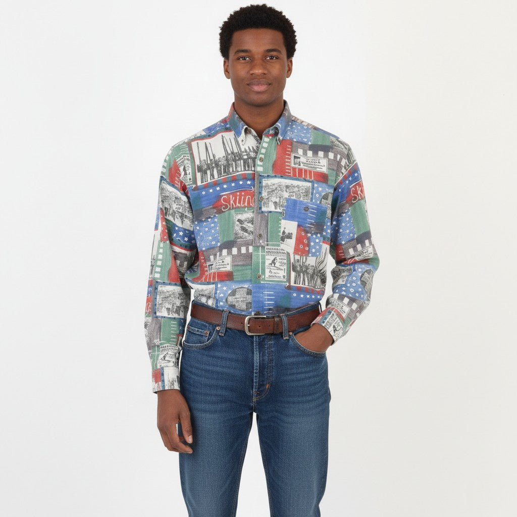 Andre Leon Men M Casual Shirt Multicoloured Traditional Alpine Aspen Ski Vintage Top
