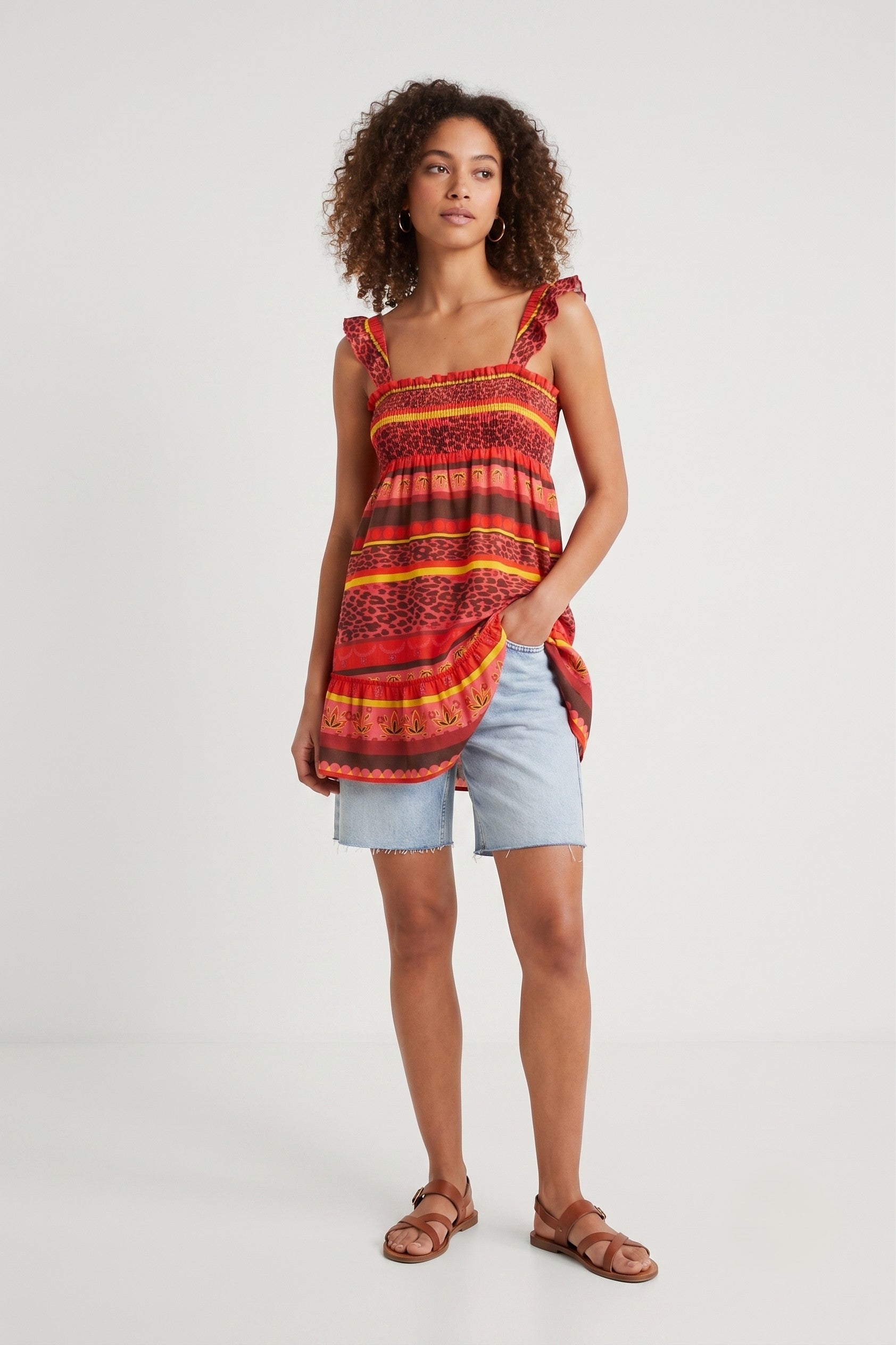 DKNY Jeans Women M Tunic Red Striped Summer Dress Cotton Top