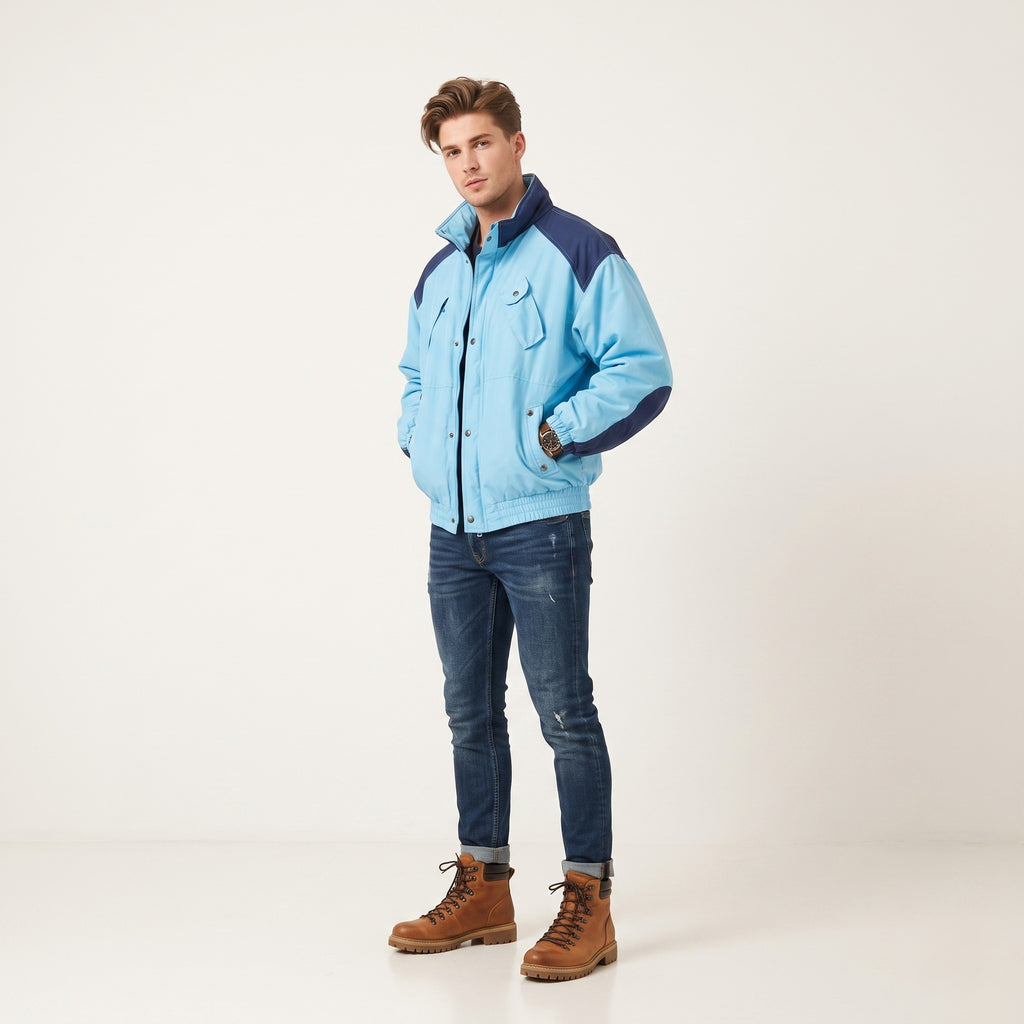Huski Men 54 L Bomber Jacket Blue Padded Hidden Hood Full Zipper Italy Vintage Top