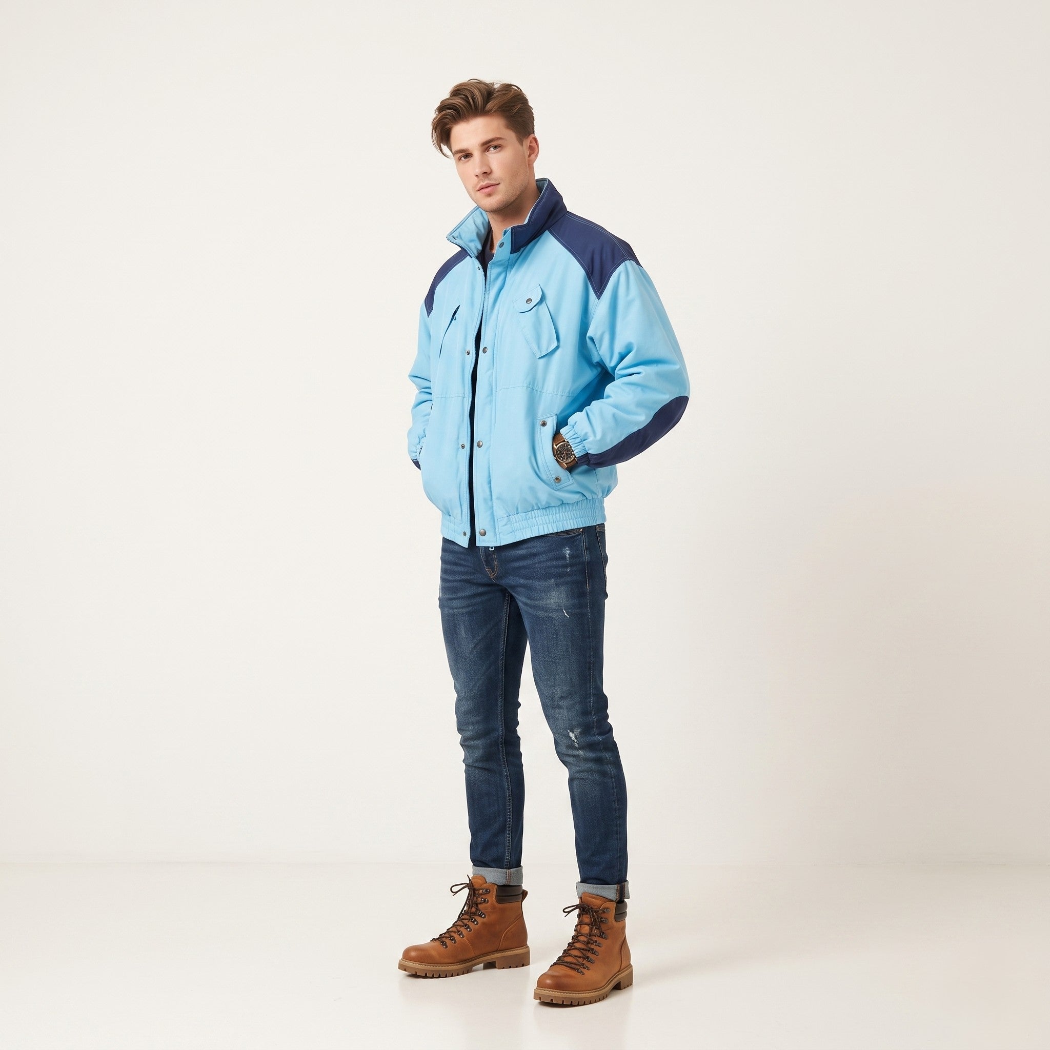 Huski Men 54 L Bomber Jacket Blue Padded Hidden Hood Full Zipper Italy Vintage Top