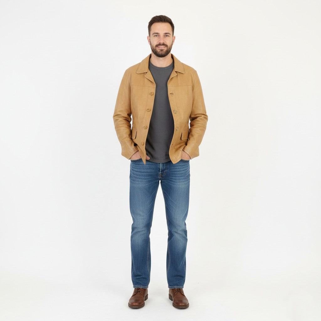 Lavorazione Artigiana Men L (M) Leather Jacket Camel Leather Made in Italy Classic Vintage 