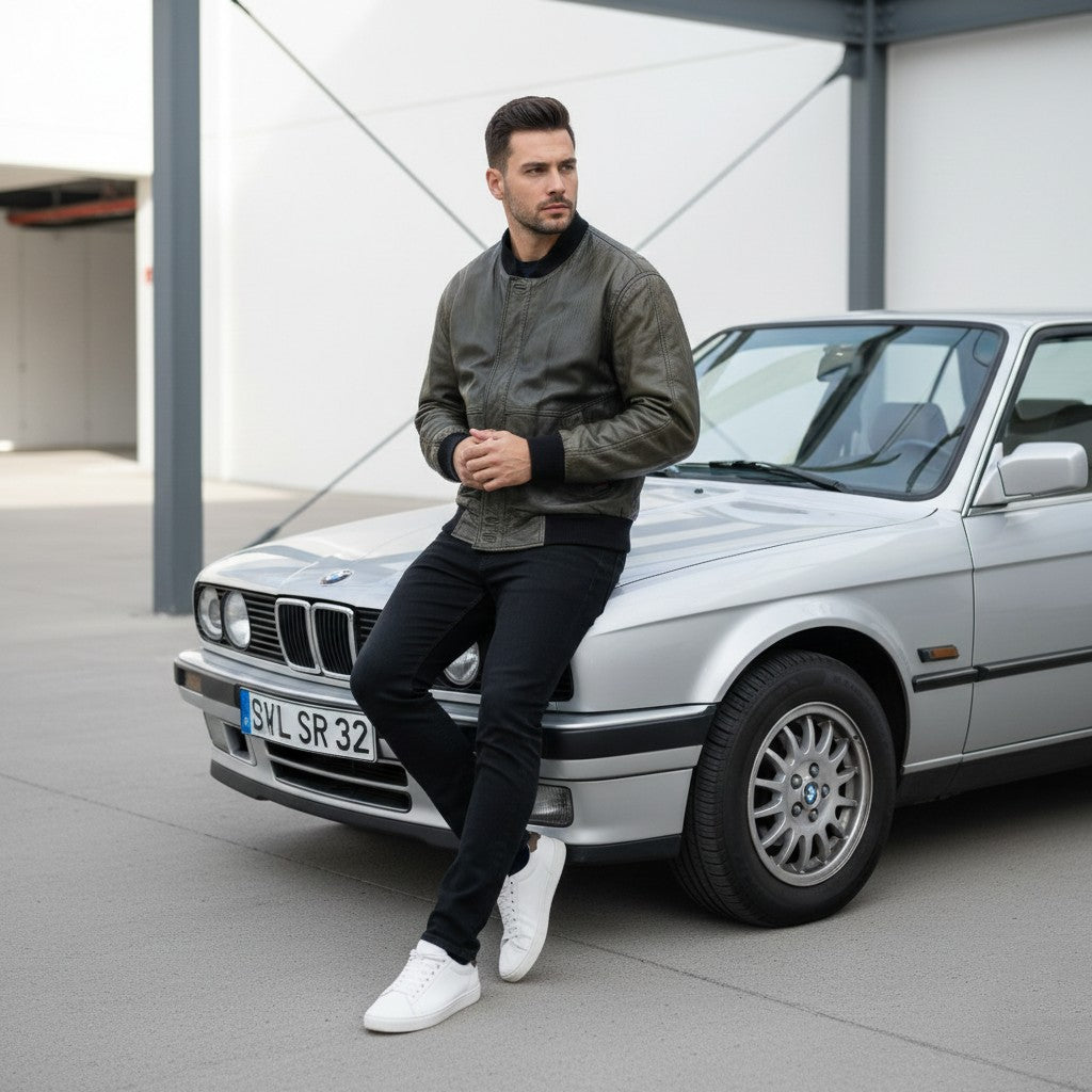 BMW Men 50 M Bomber Jacket Leather Biker M Style Vintage Green Vintage West Germany Top