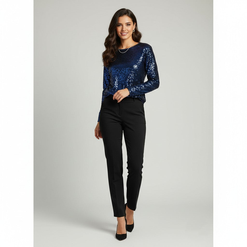 Maje Women 2 M Long Sleeved Shirt Navy Silver Sequin Crew Neck Top