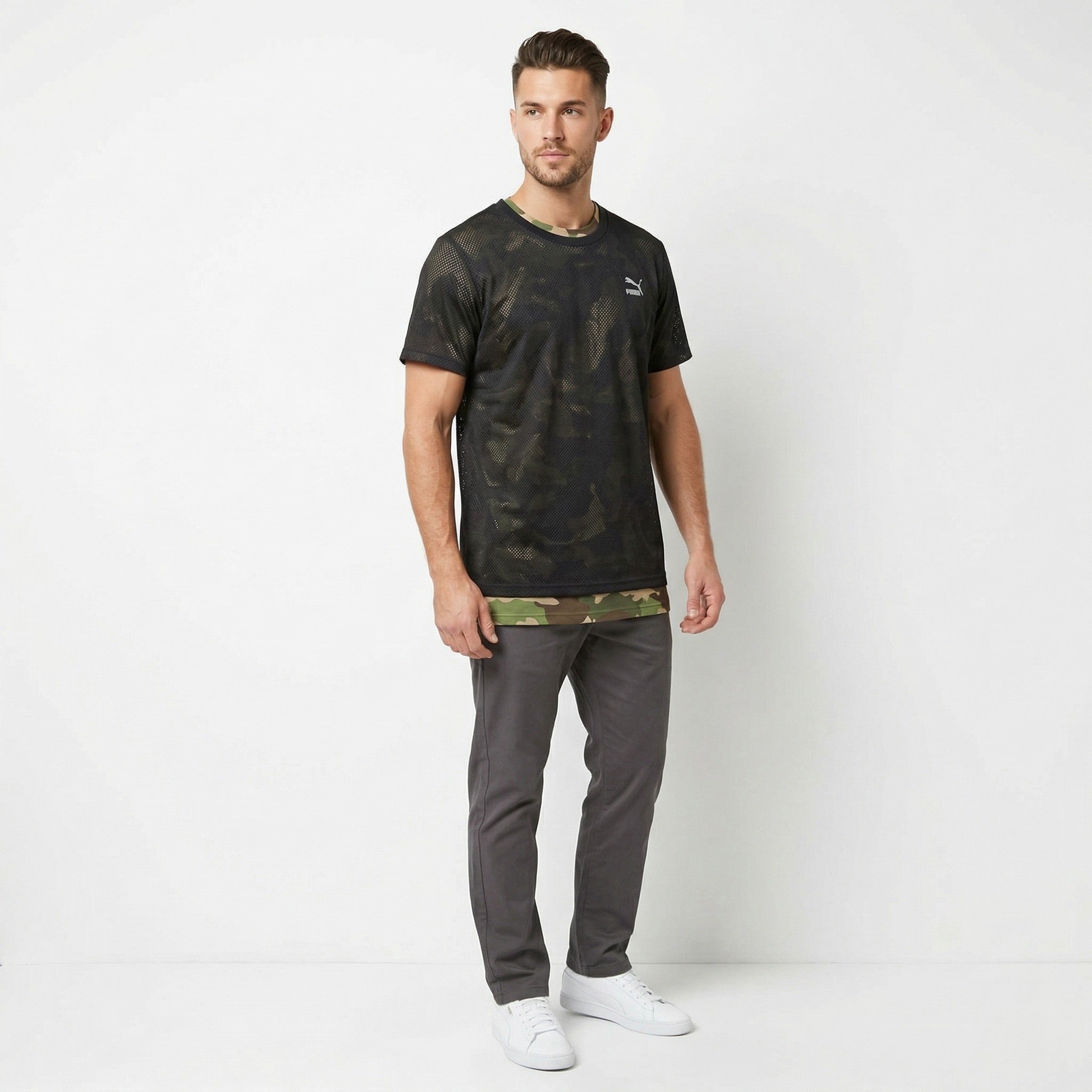 Puma Men L Shirt Black Mesh Green Army Moro Army Jersey Crew Neck Top