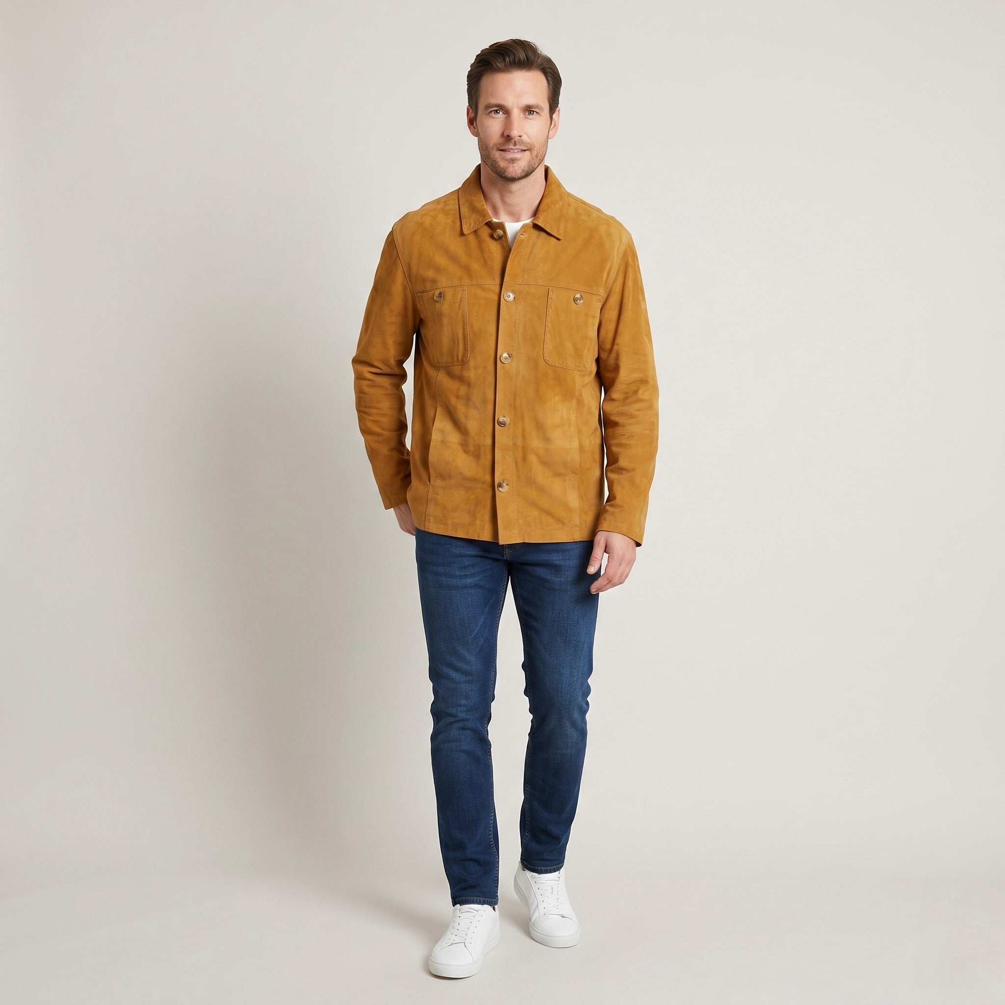 Montes Men 50 L Casual Shirt Camel Western 100% Leather Pockets Soft Top
