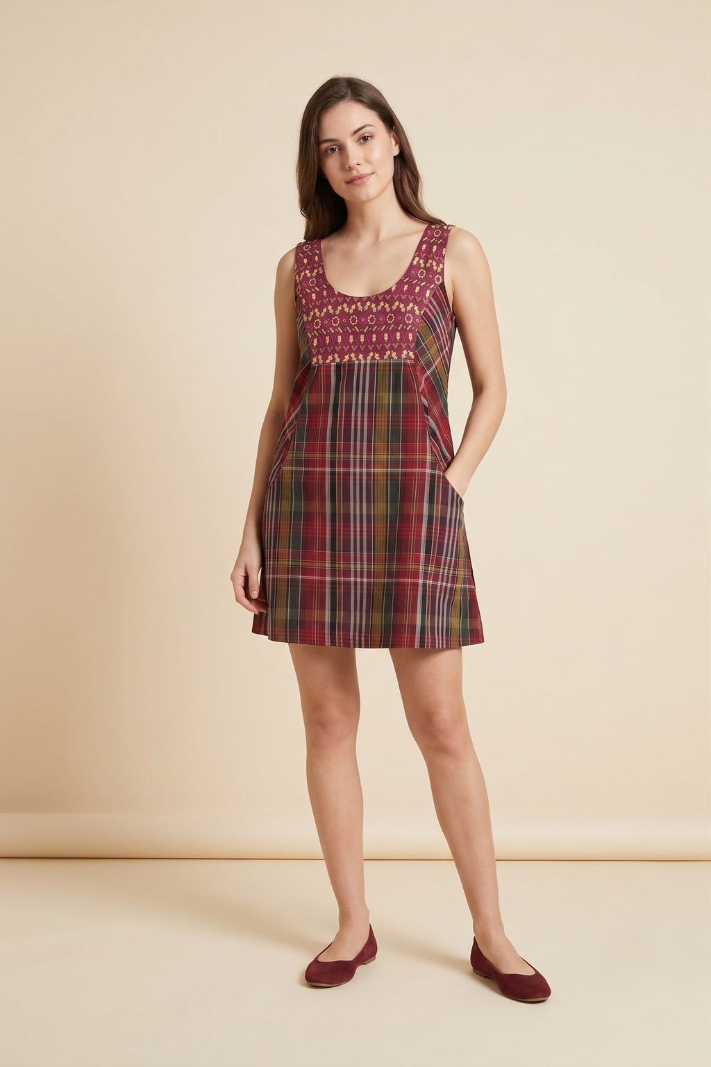 TRF Women S Mini Dress Purple Check India Embroidered Tunic Folk Dress