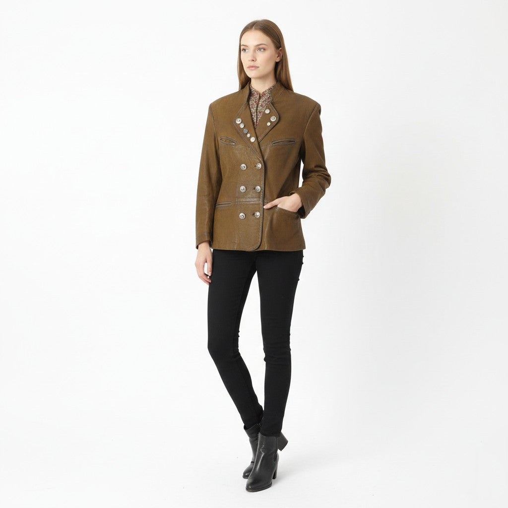 Vintage Women 36 S Jacket Brown Leather Military Shoulder Pads Decorative Buttons Top