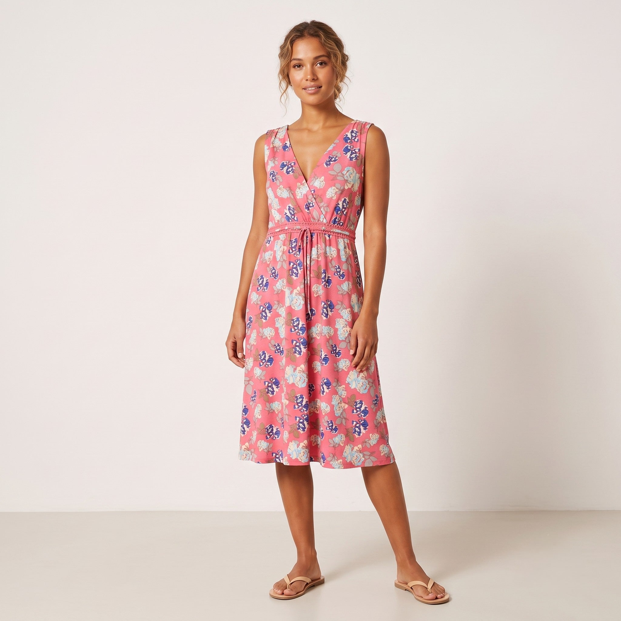 Happy Hollly Womens 40/42 M/L Midi Dress Pink Flowers Print V Neck