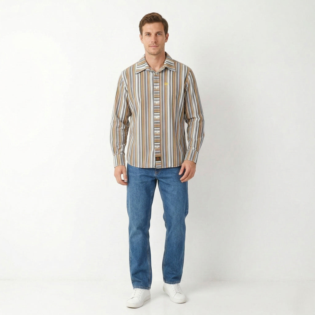 Lee Men XL Casual Shirt Brown Striped Cotton Western Standard Collar Long Sleeve Top