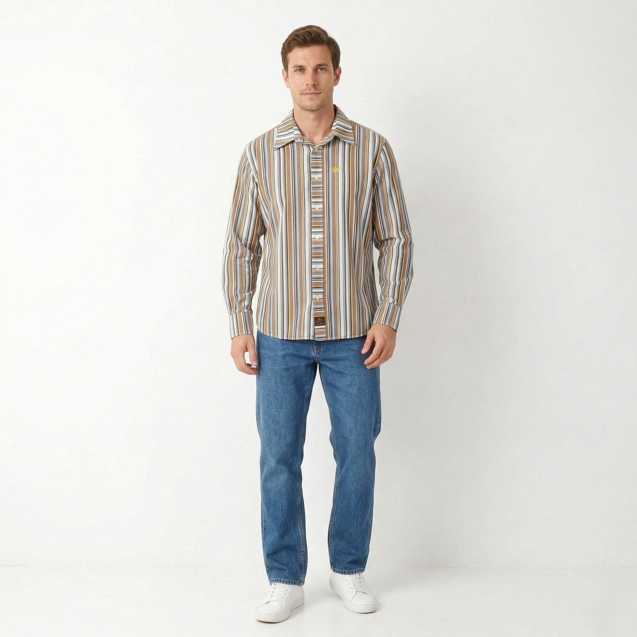 Lee Men XL Casual Shirt Brown Striped Cotton Western Standard Collar Long Sleeve Top