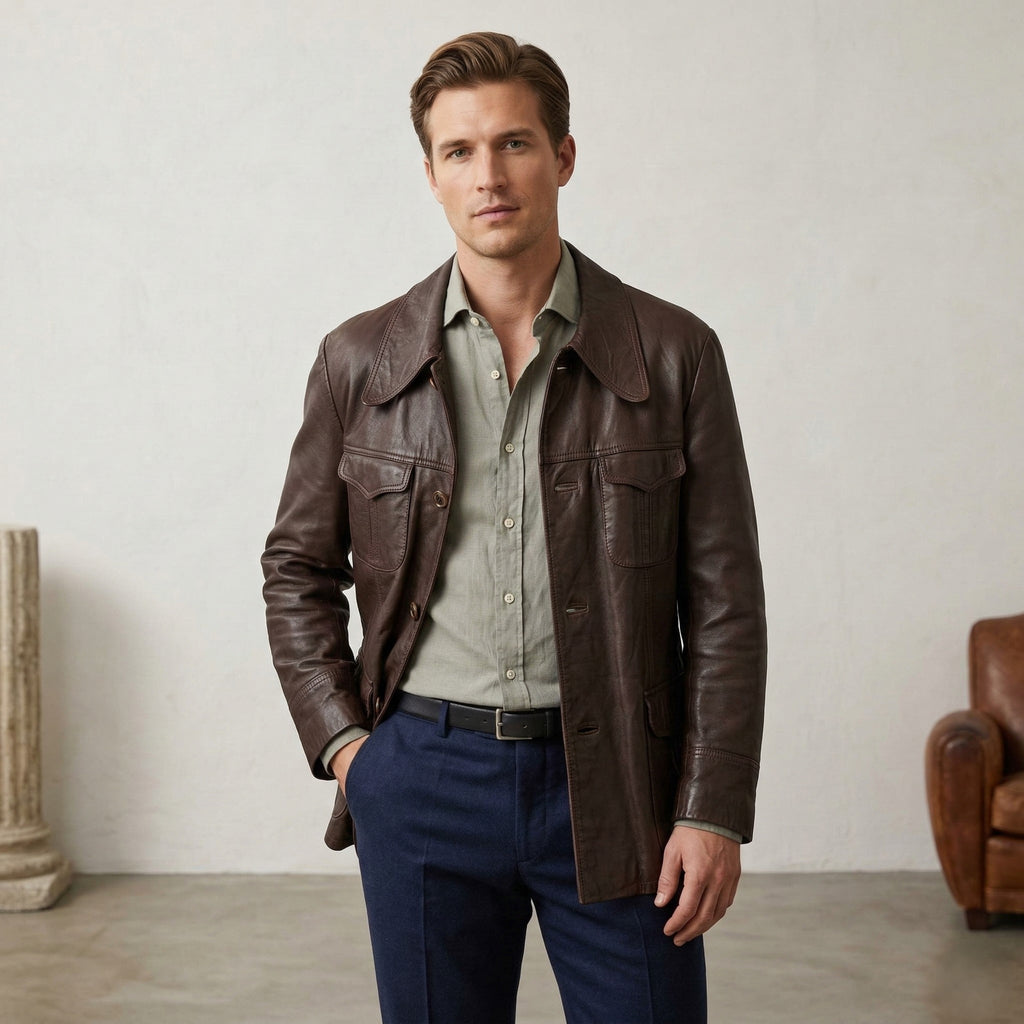 Meister Klasse Brisant Men 27 M Jacket Brown Leather Vintage Pockets Classic Top