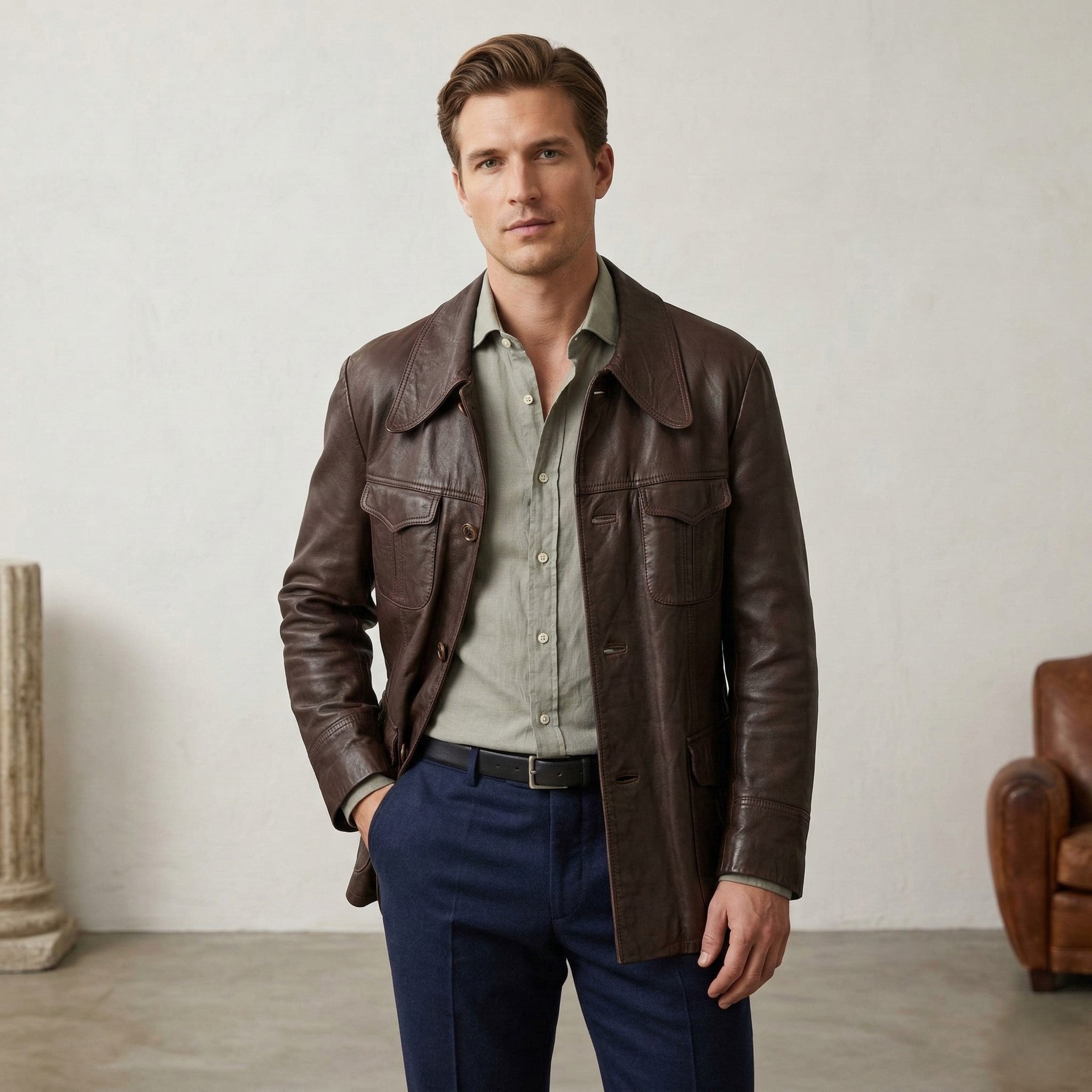 Meister Klasse Brisant Men 27 M Jacket Brown Leather Vintage Pockets Classic Top