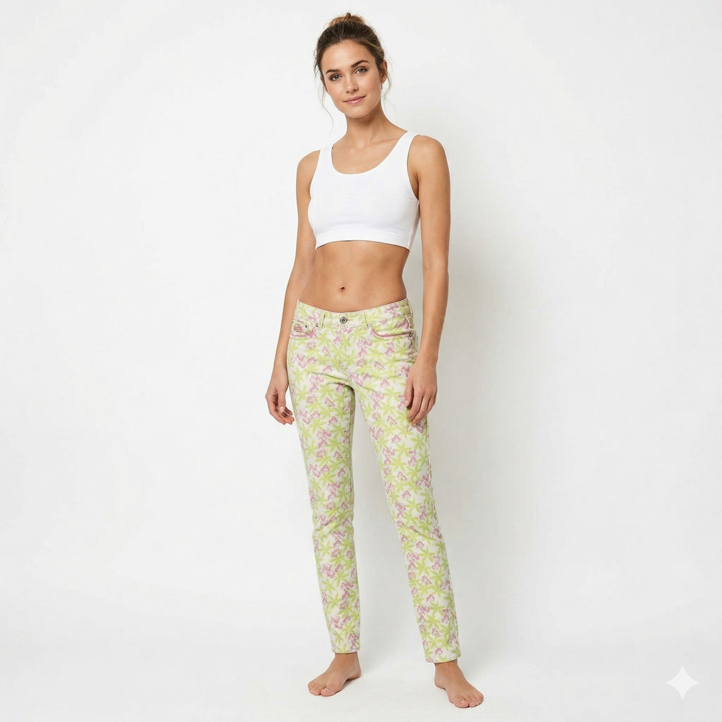 Superdry Women W 29 L 32 Trousers White Neon Floral Standard Skinny Cotton Pants
