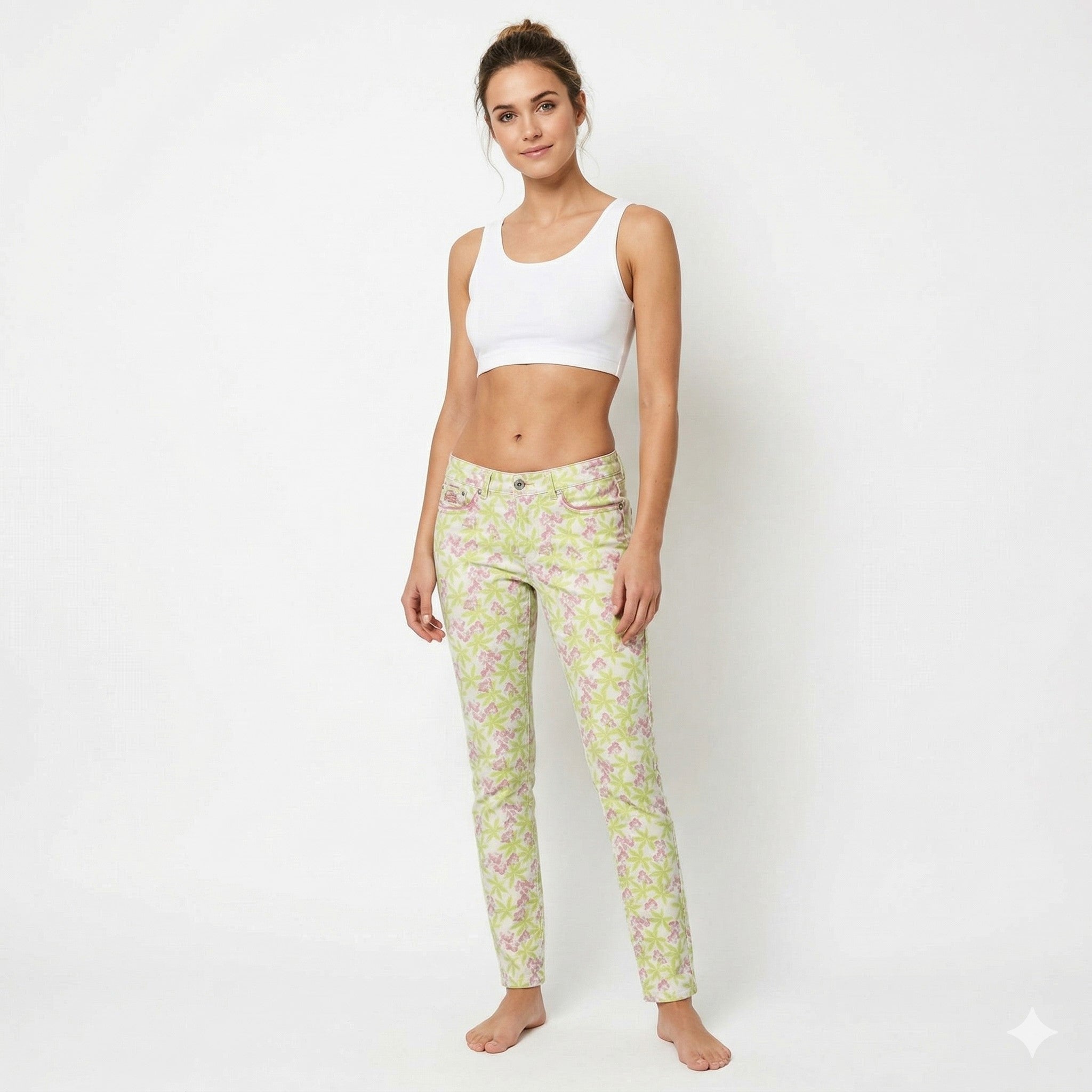 Superdry Women W 29 L 32 Trousers White Neon Floral Standard Skinny Cotton Pants