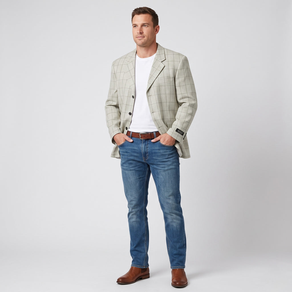 Massaro Men 54 Blazer Cream Checkered Wool Italy Shoulder Pads Single Breasted Jacket
