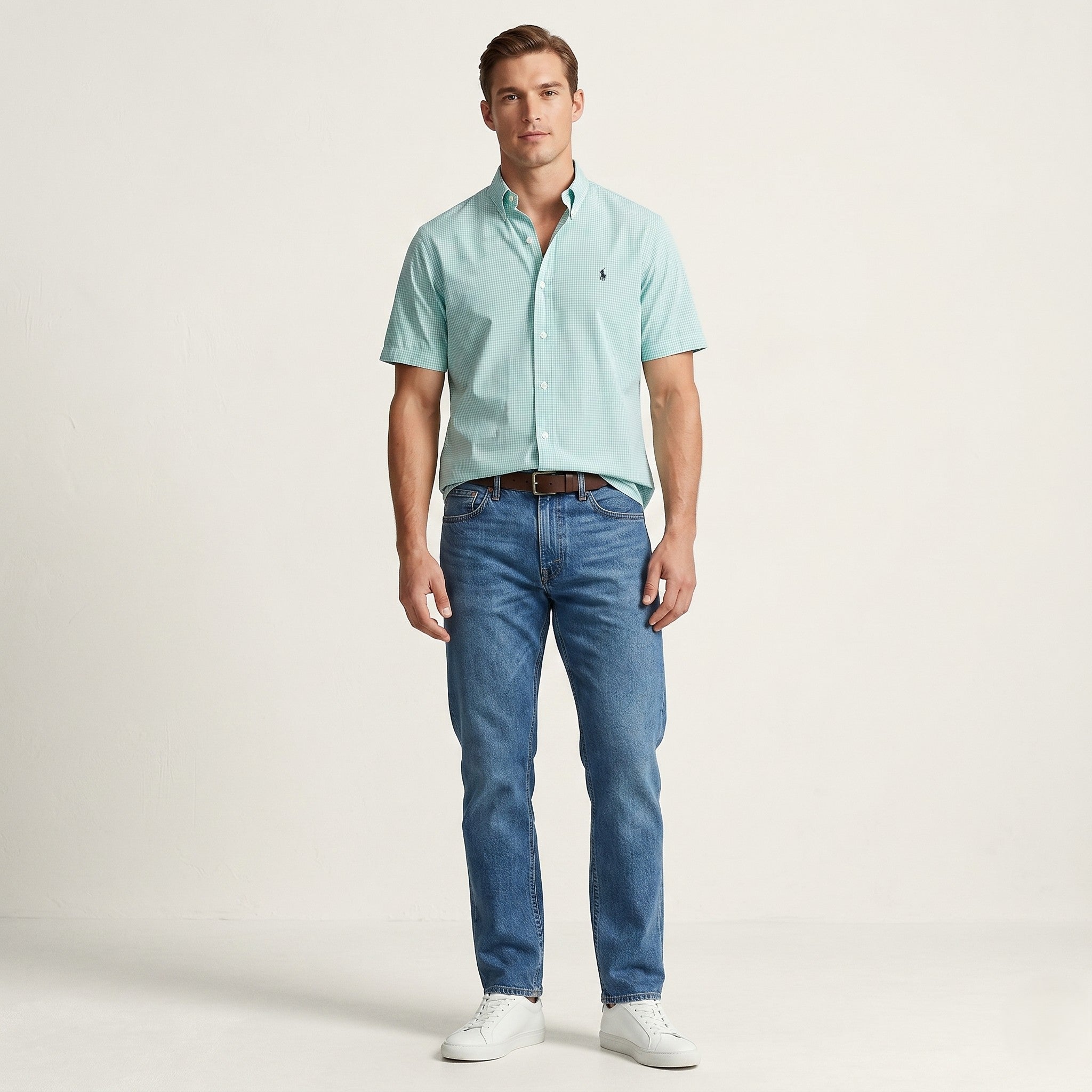 Ralph Lauren Men S Casual Shirt Green Check Cotton Short Sleeve Classic Fit Top