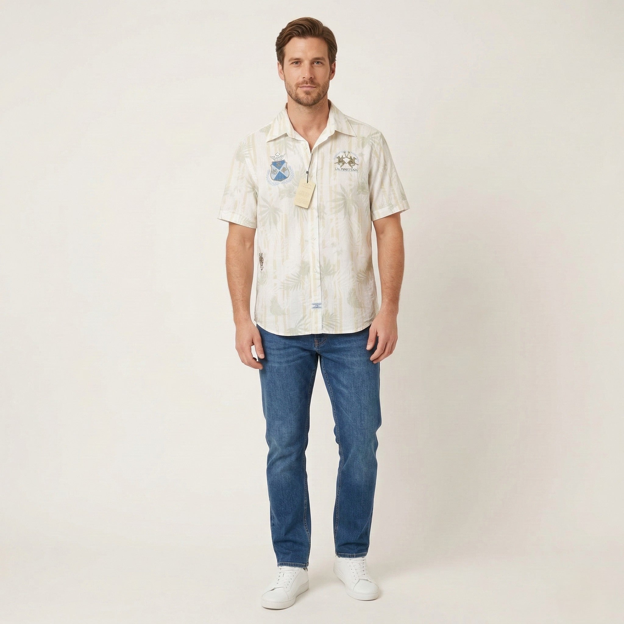 New La Martina Men L Casual Shirt Cream Cotton Buenos Aires Argentino Polo Gear Top