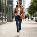 Vintage Women M Jacket Brown Leather Single Breasted Casual Blazer Top