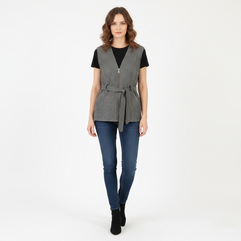 Vintage Women M Waistcoat Gray Leather Belted Retro Zip Up Biker Vest