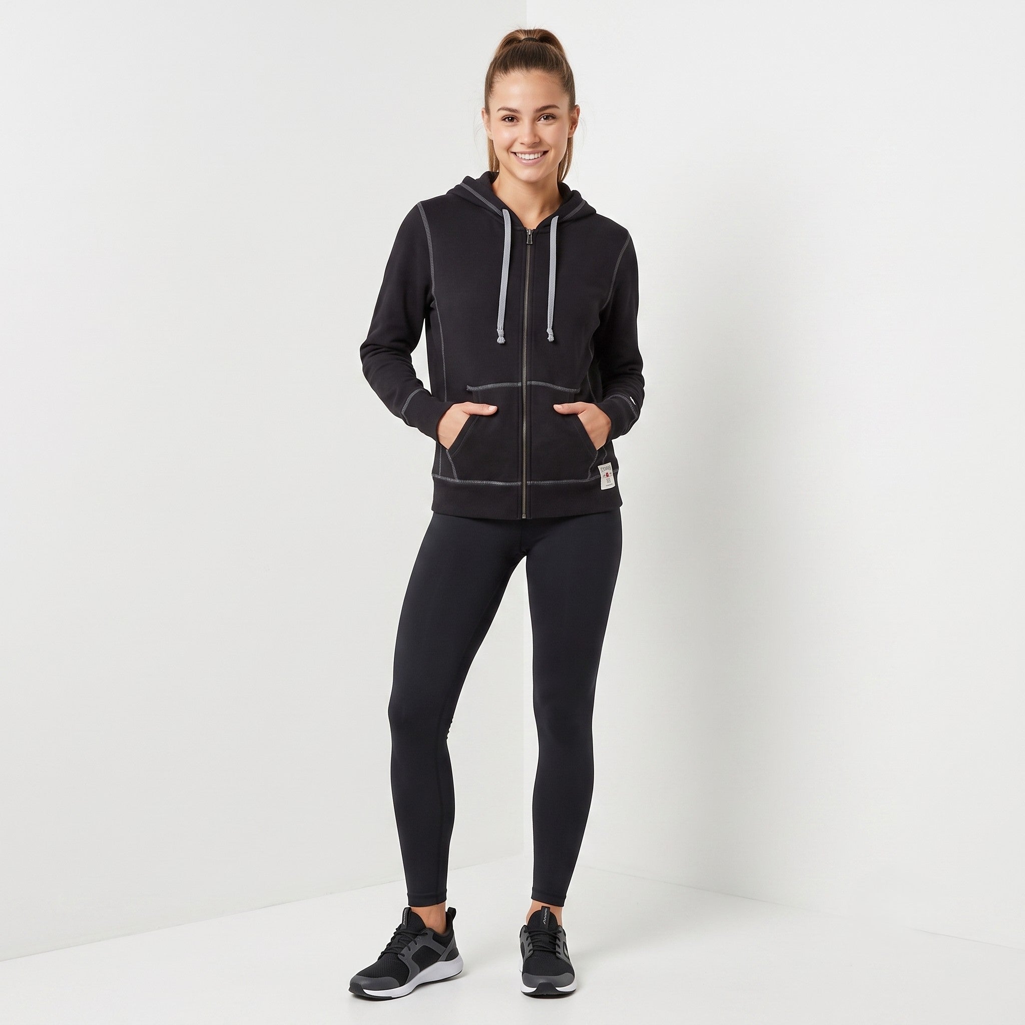 Champion Women L Sweatshirt Black Cotton Full Zipper Hooded Pockets Top