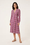 New Aquamrina Women L Midi Dress Viscose Summer V Neck Squares Pink