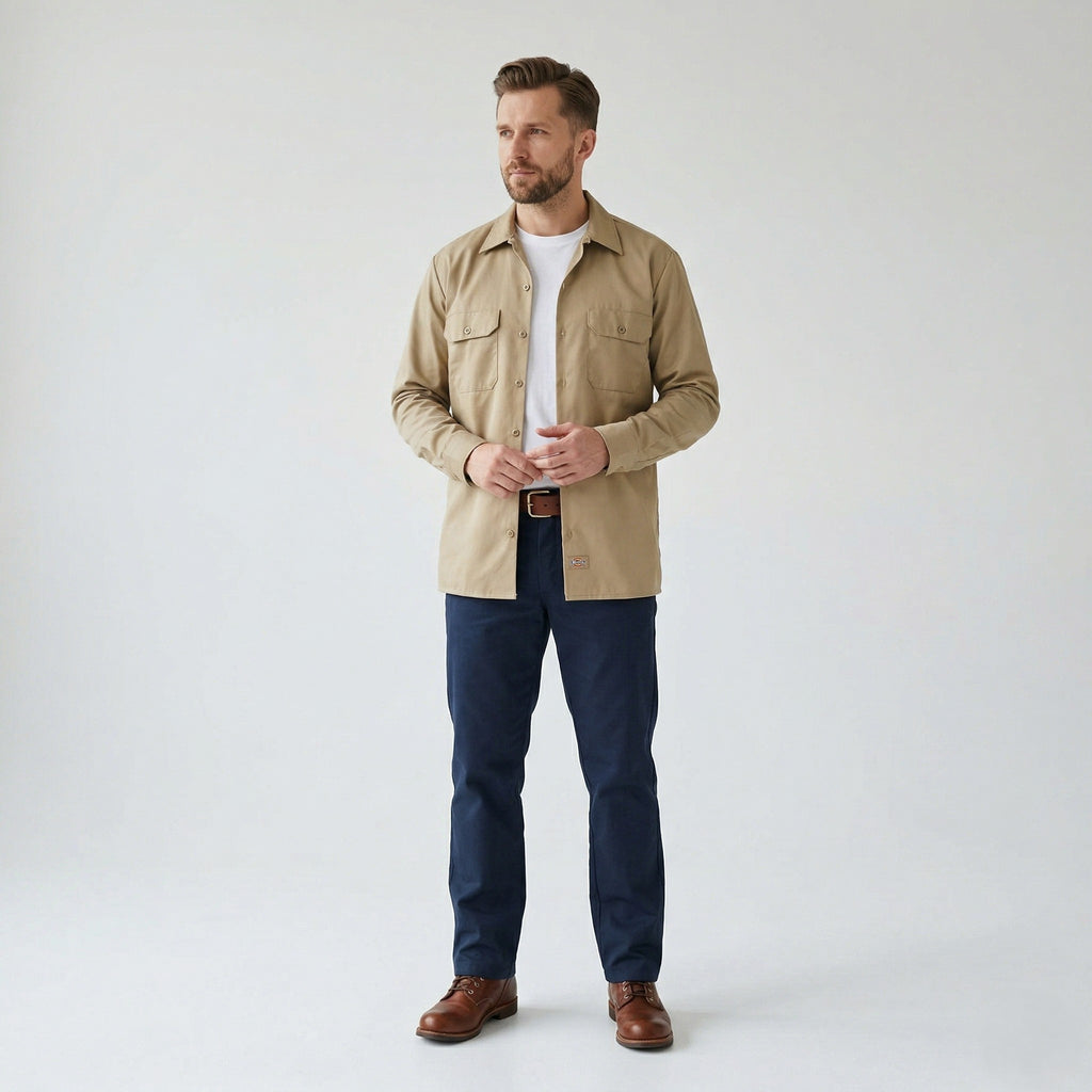 Dickies Men 34/35 M Casual Shirt Brown Cotton Workwear American Long Sleeve Top