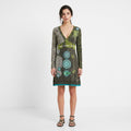 Desigual Women L (M) Dress Green Boho Emroidered Cotton V Neck Long Sleeve