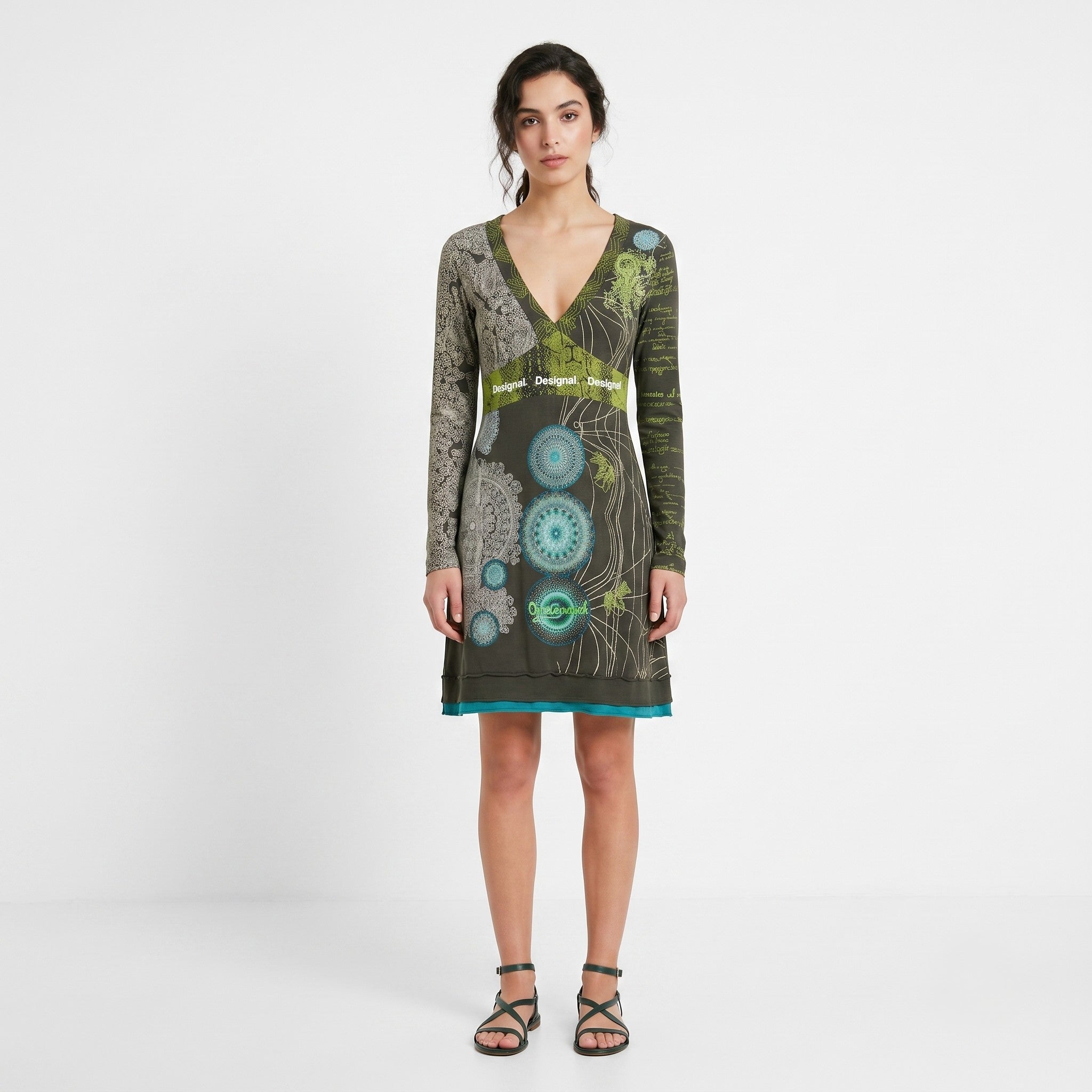 Desigual Women L (M) Dress Green Boho Emroidered Cotton V Neck Long Sleeve