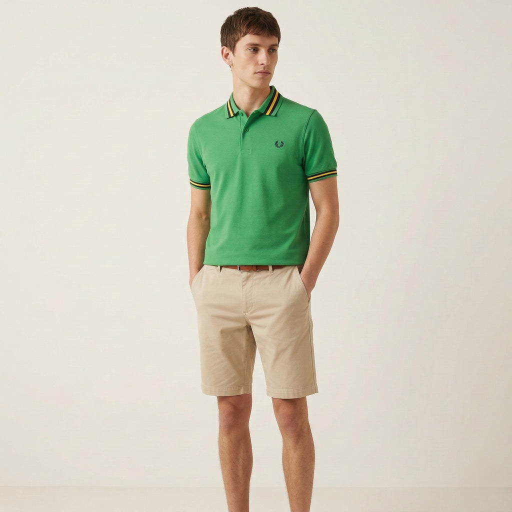 Fred Perry Men S Polo Shirt Green Cotton Pique Striped Collar Classic Top