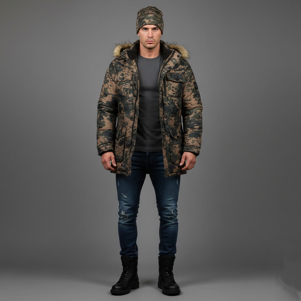 U.S. POLO ASSN. Men XL Jacket Green Camouflage Padded Hood Outdoor Parka