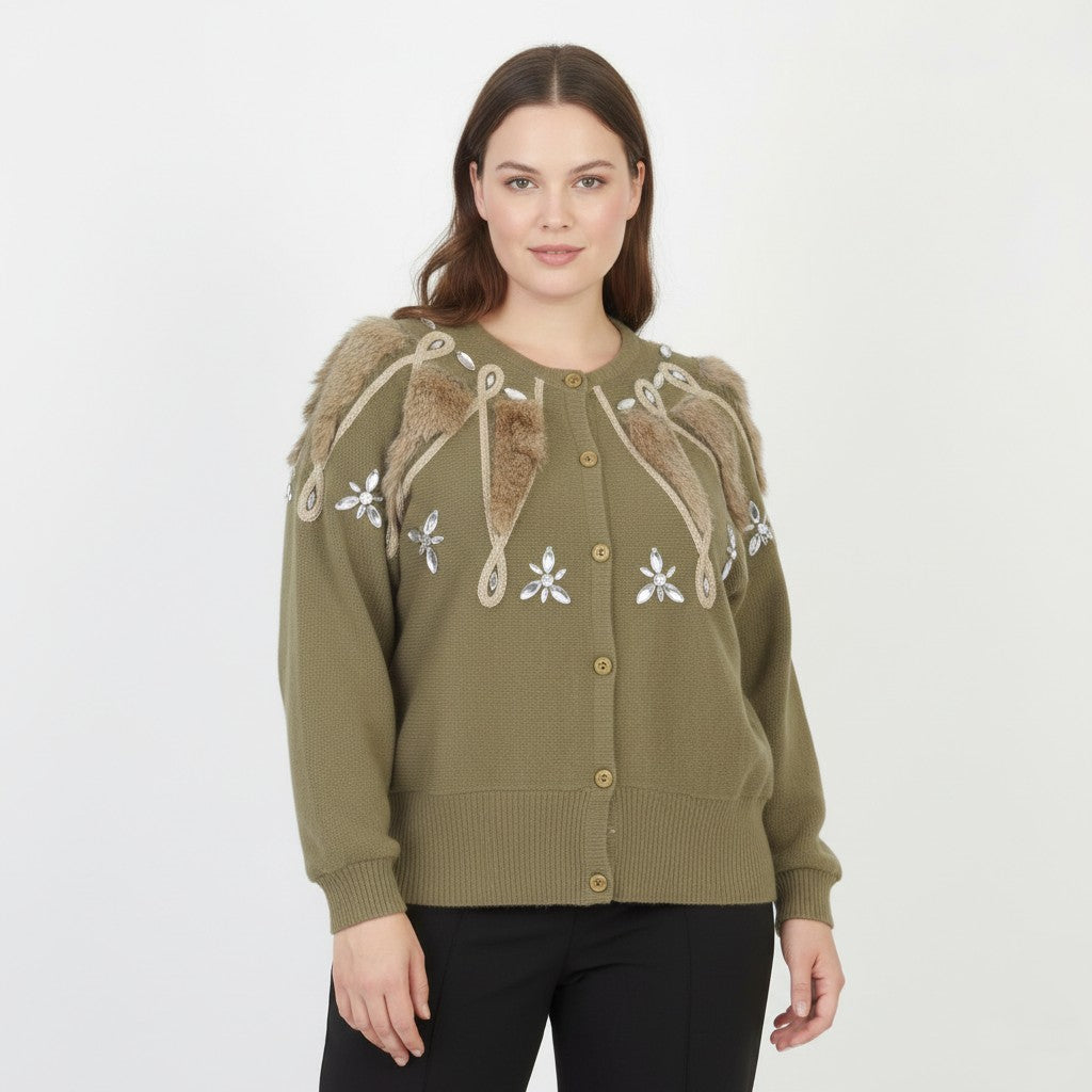 Bluhmod Femmes 46 L Cardigan Vert Laine Angora Vintage Embelli Pull