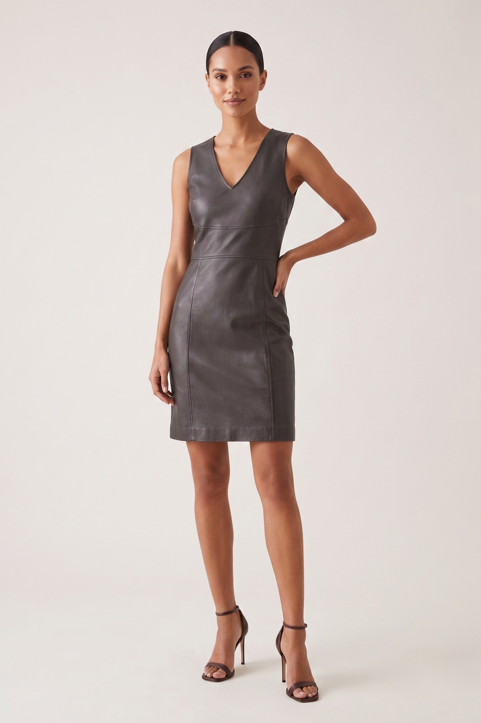 Leather Dress Womens S / M Brown V Neck A-Line Knee Length Vintage Soft Retro
