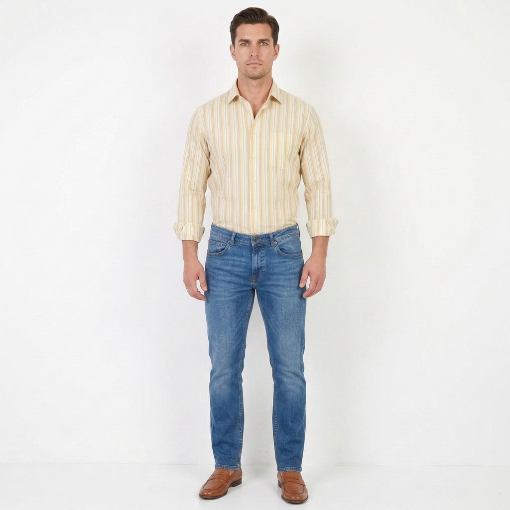 Marconi Collection Men 40 176/182 M Casual Shirt Striped Yellow Cotton Long Sleeve Top