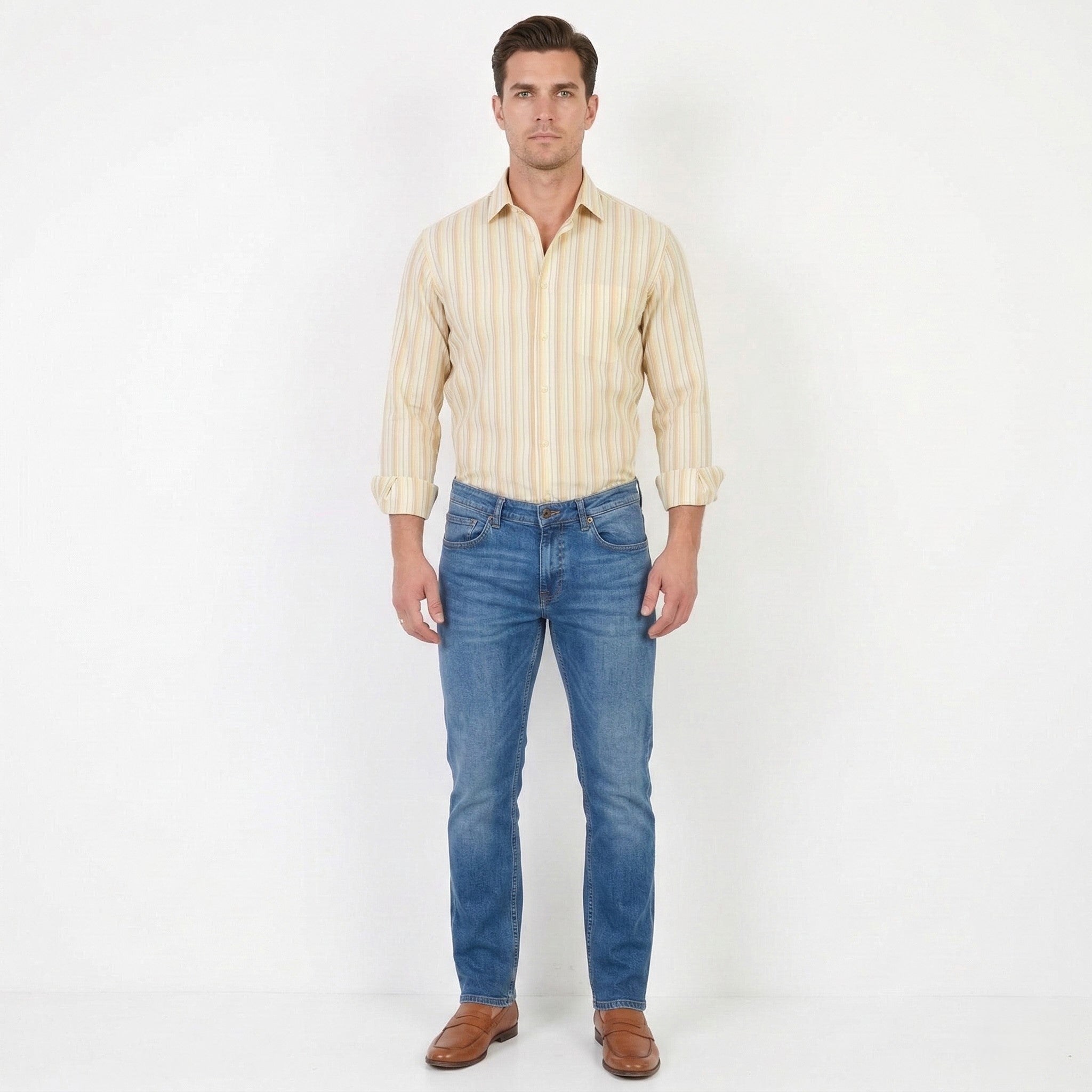 Marconi Collection Men 40 176/182 M Casual Shirt Striped Yellow Cotton Long Sleeve Top