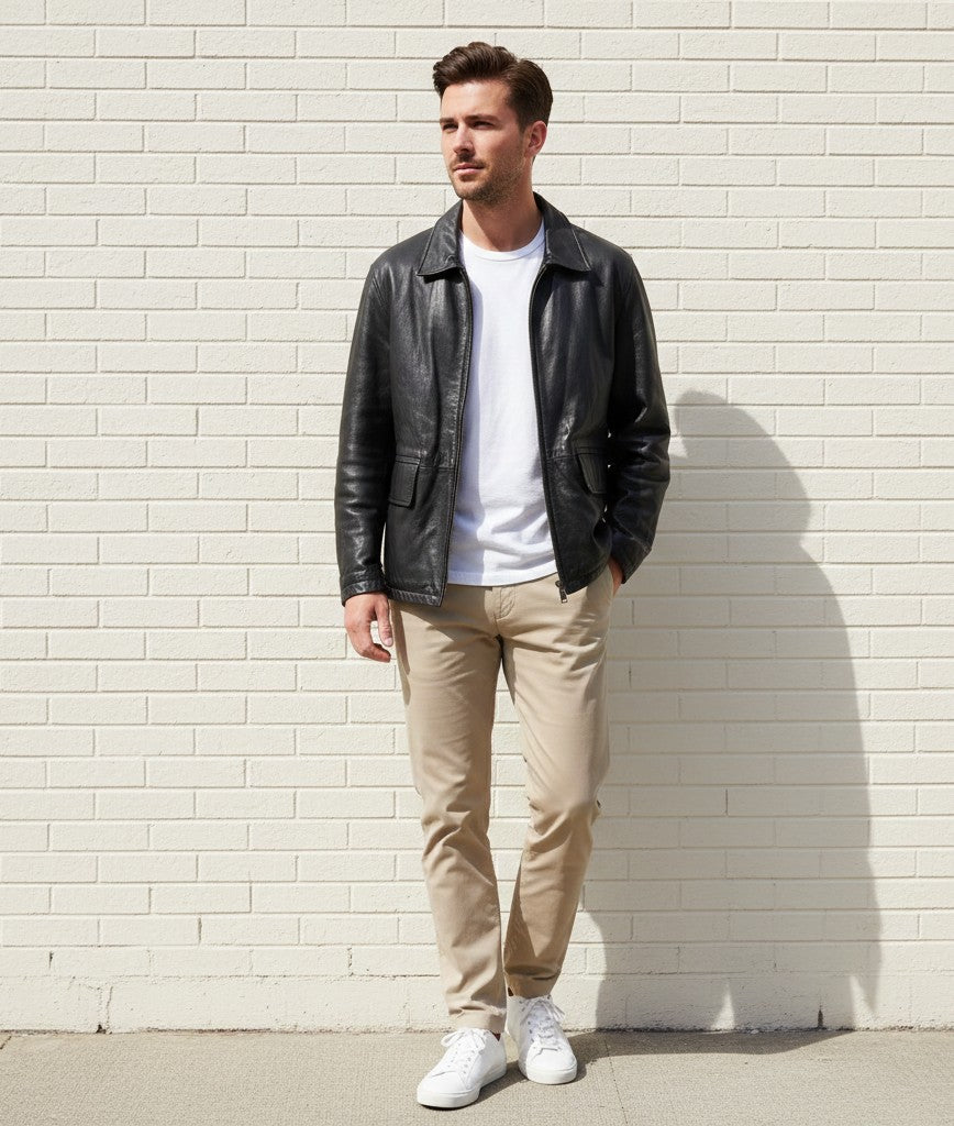 Offset Wear Men L Jacket Black Leather Soft Pilot Full Zipper Vintage Classic Top