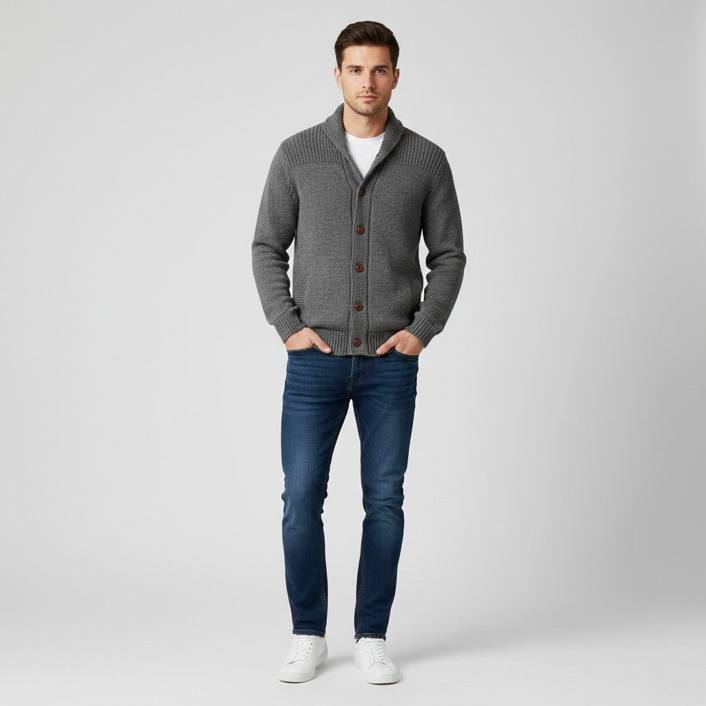 Harris Tweed by William Hunt Men L (M) Cardigan Grey Wool Elbow Patch Knit Sweater