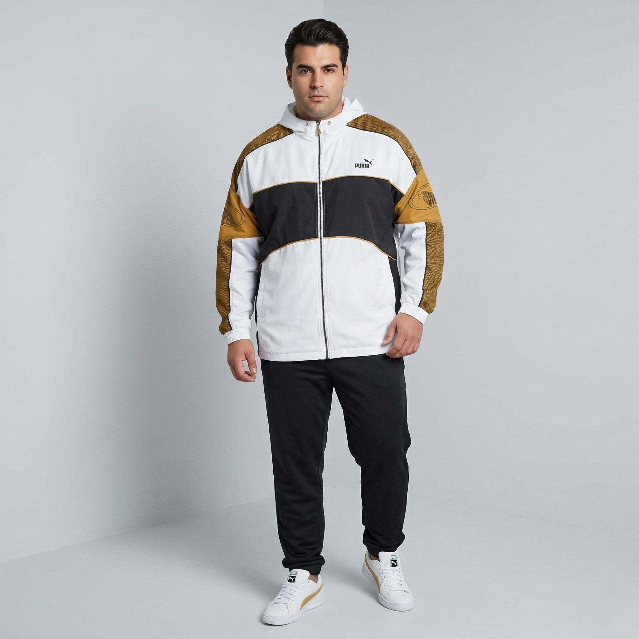 Puma Men XL Sweatshirt White Gold Shiny Vintage 90s Sportswear Hoodie