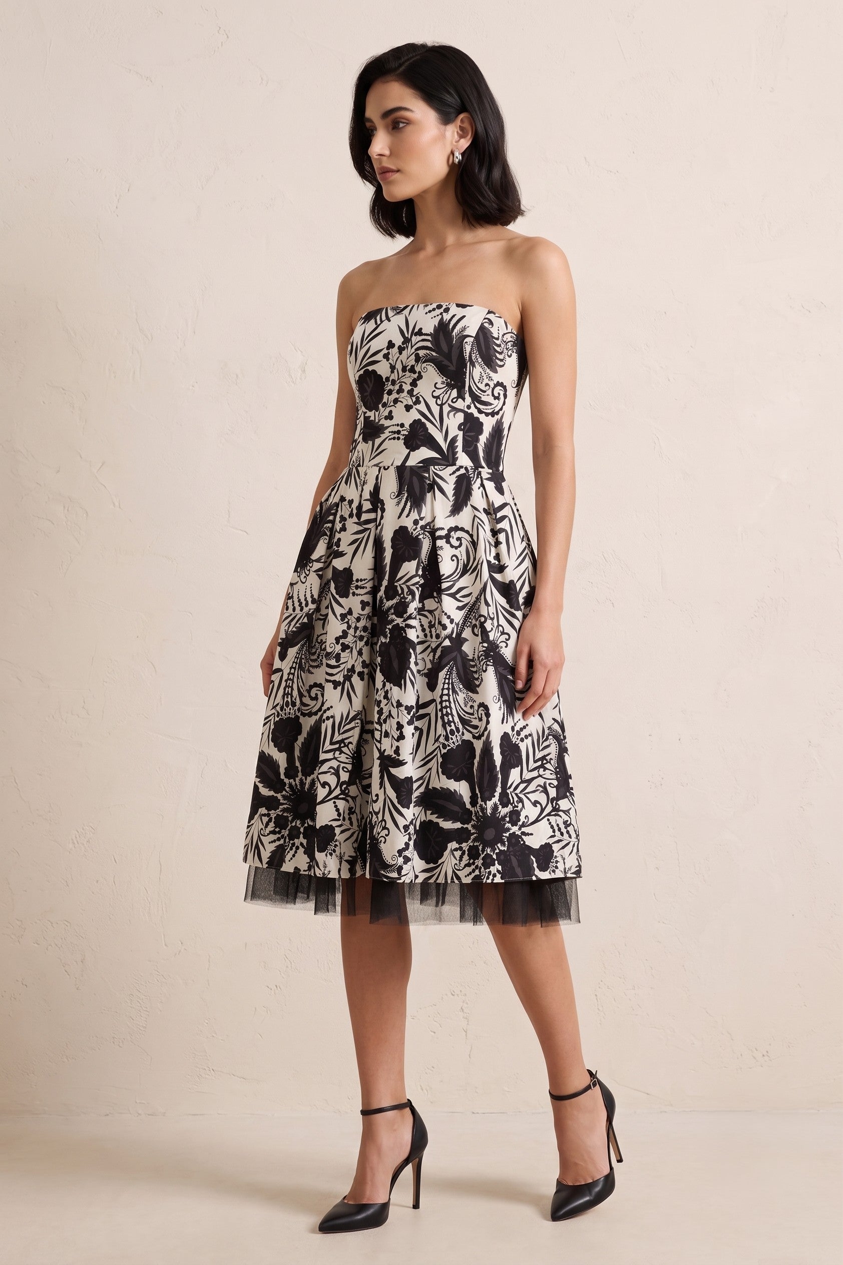 Florence + Fred Womens 14 M Bandeau Skater Dress Printed White Black Cotton Midi