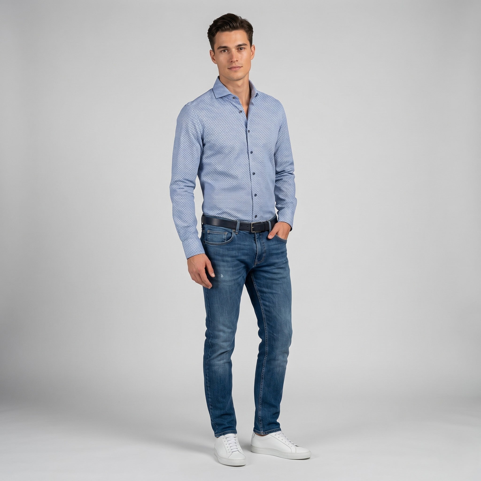 Stenstroms Men 40 S Casual Shirt Blue Cotton Slimline Fit Long Sleeve Top