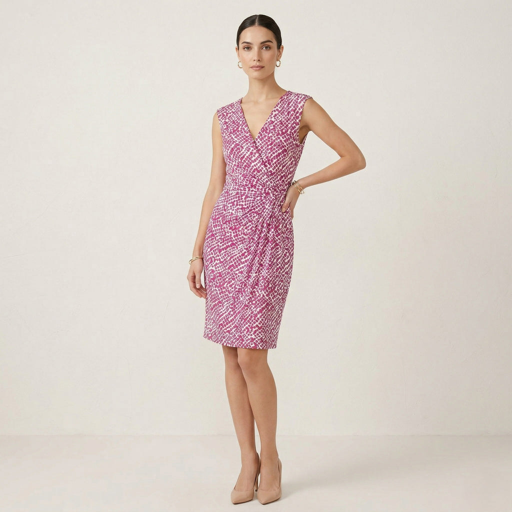 Jaeger Women S Midi Dress Purple Dots Sleeveless Stretch Crew Neck Classic