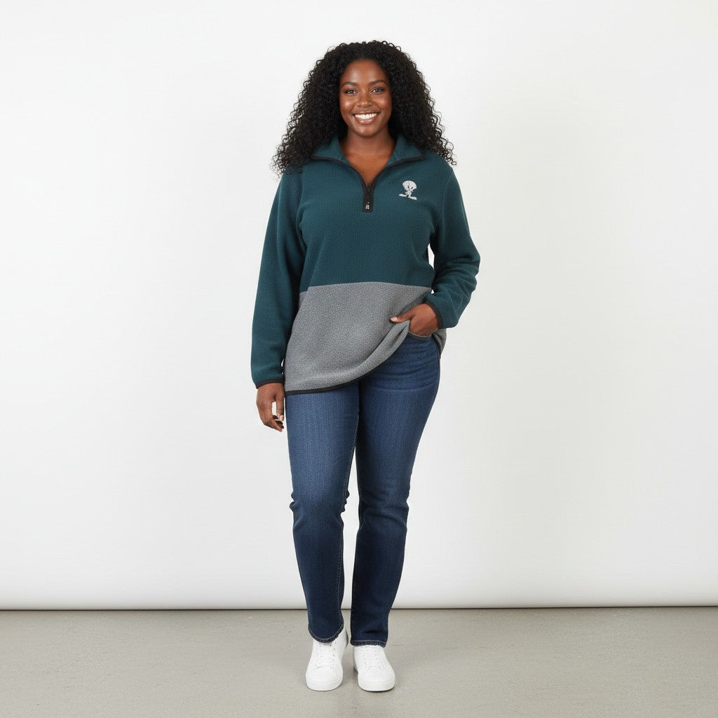 Vintage Women 18 20 Fleece Top Green Tweety Zip Neck Pullover Sweatshirt