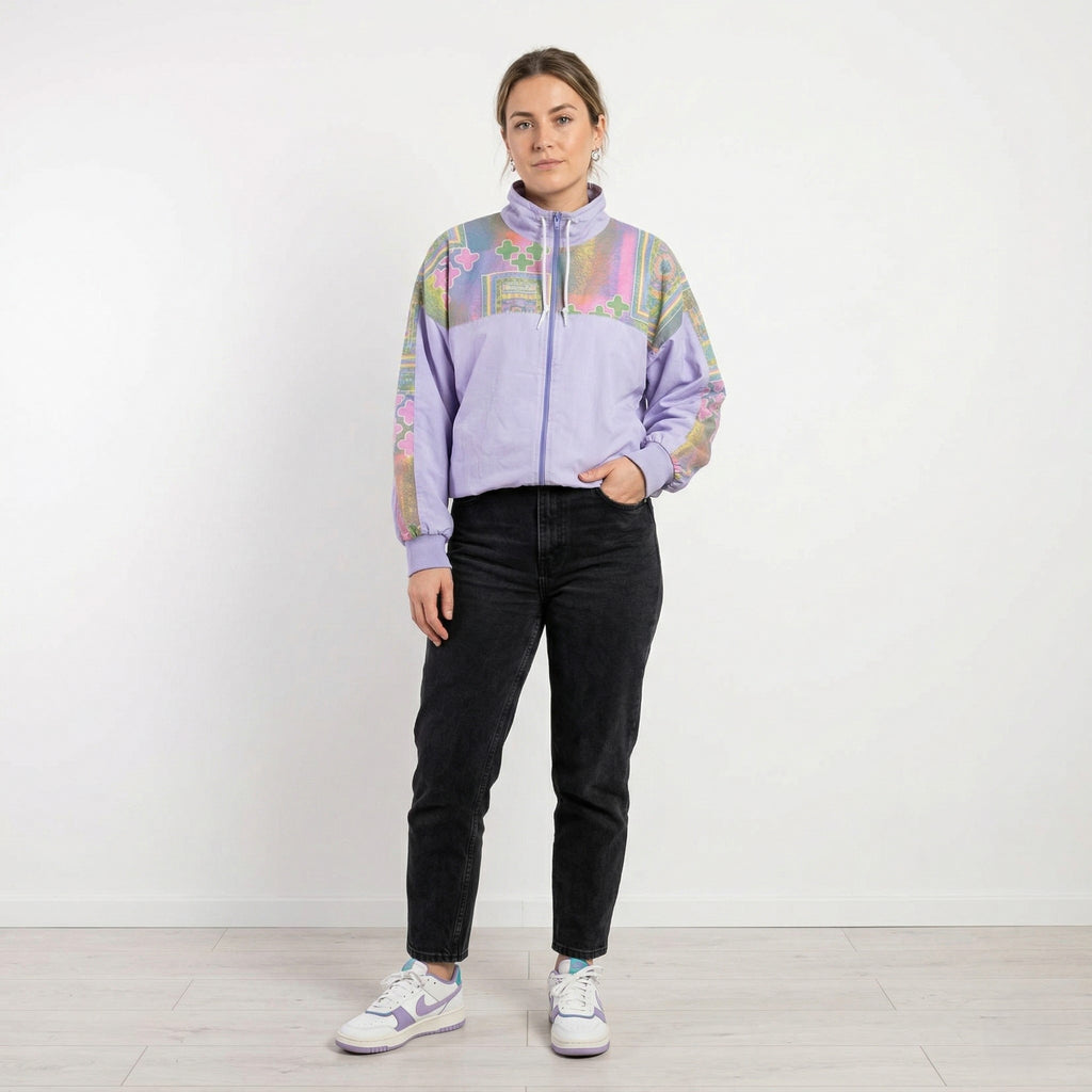 Vintage Women 44/46 L Bomber Jacket Violet Cotton Festival Full Zip Retro Top