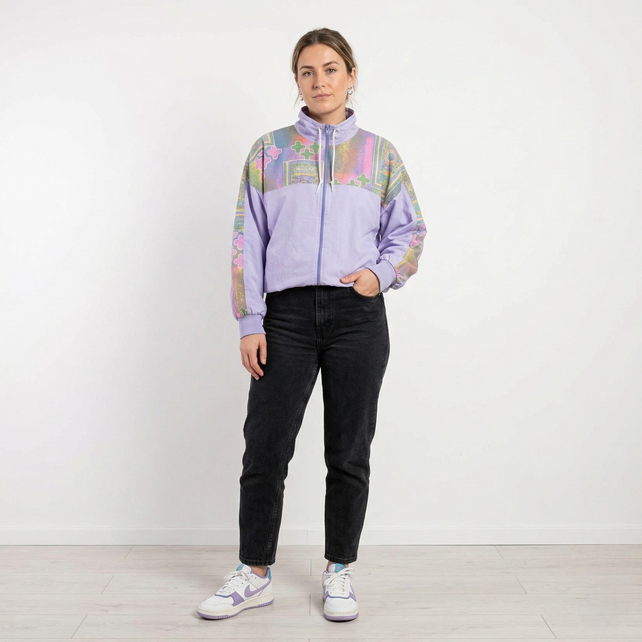 Vintage Women 44/46 L Bomber Jacket Violet Cotton Festival Full Zip Retro Top